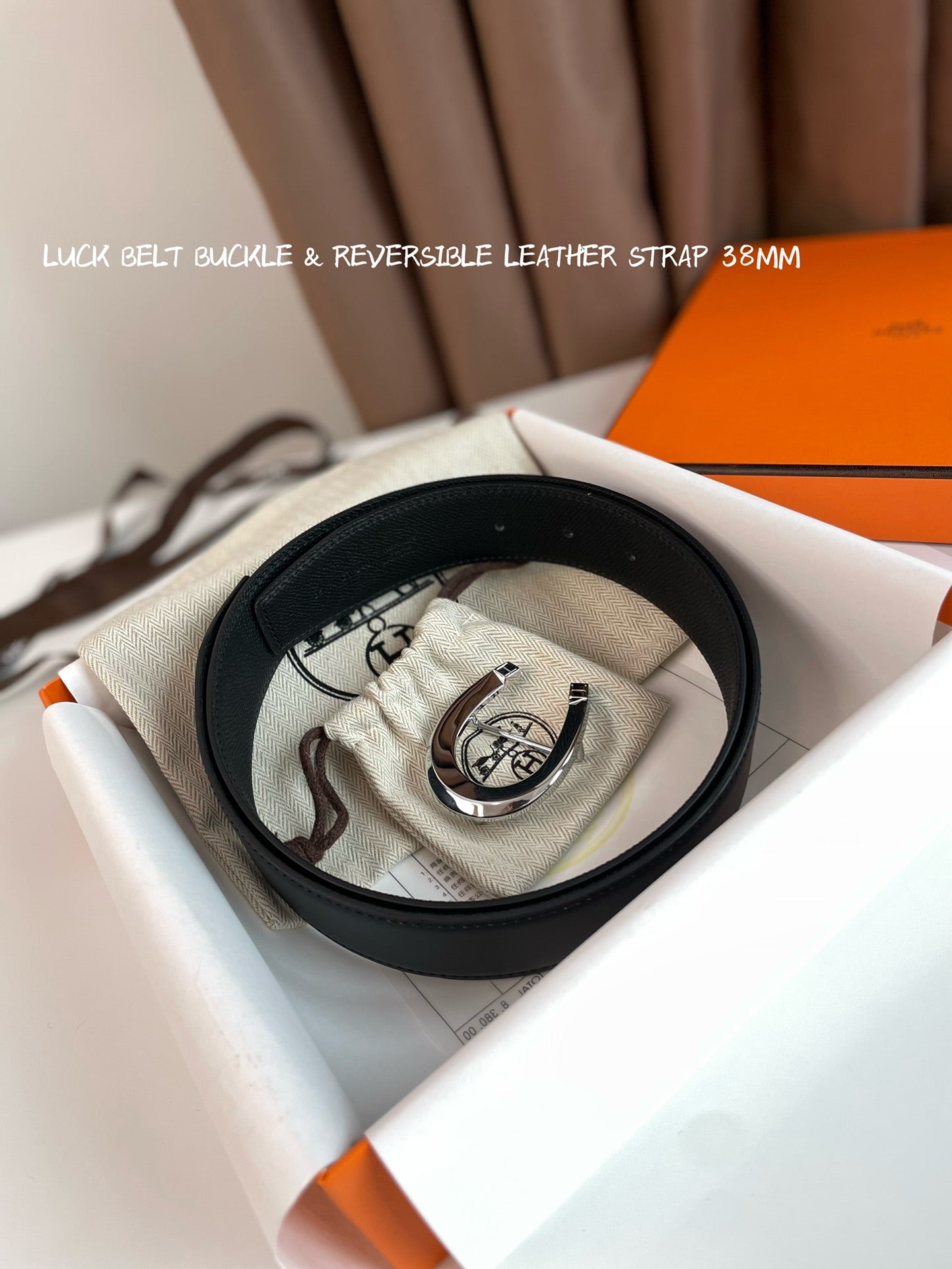 LUCK BELT BUCKLE & REVERSIBLE BLACK LEATHER STRAP 38MM SILVER HARDWARE - 30