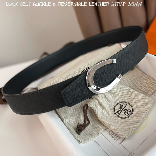 LUCK BELT BUCKLE & REVERSIBLE BLACK LEATHER STRAP 38MM SILVER HARDWARE - 30