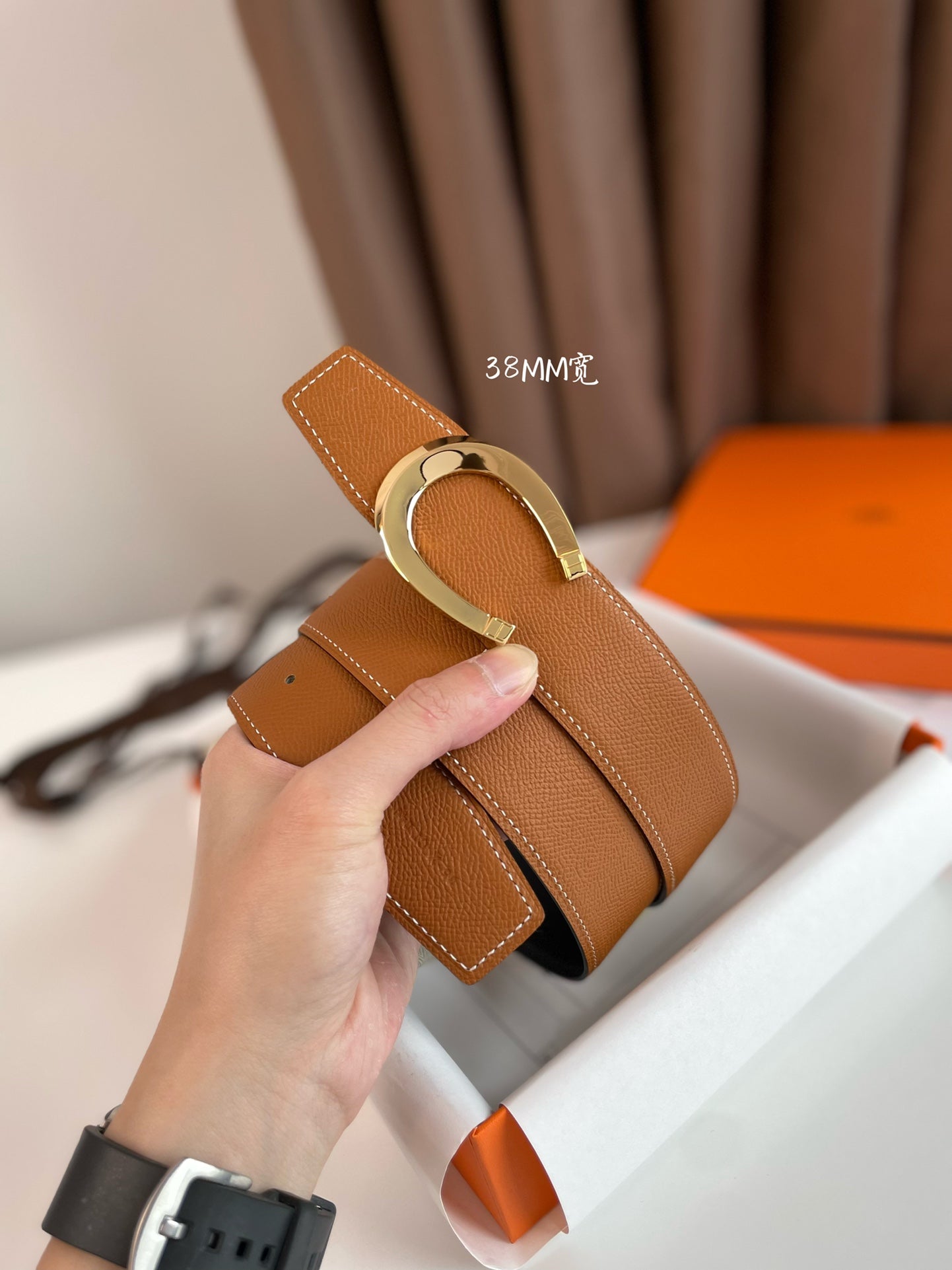 LUCK BELT BUCKLE & REVERSIBLE GINGER ORANGE LEATHER STRAP 38MM GOLDEN HARDWARE - 30
