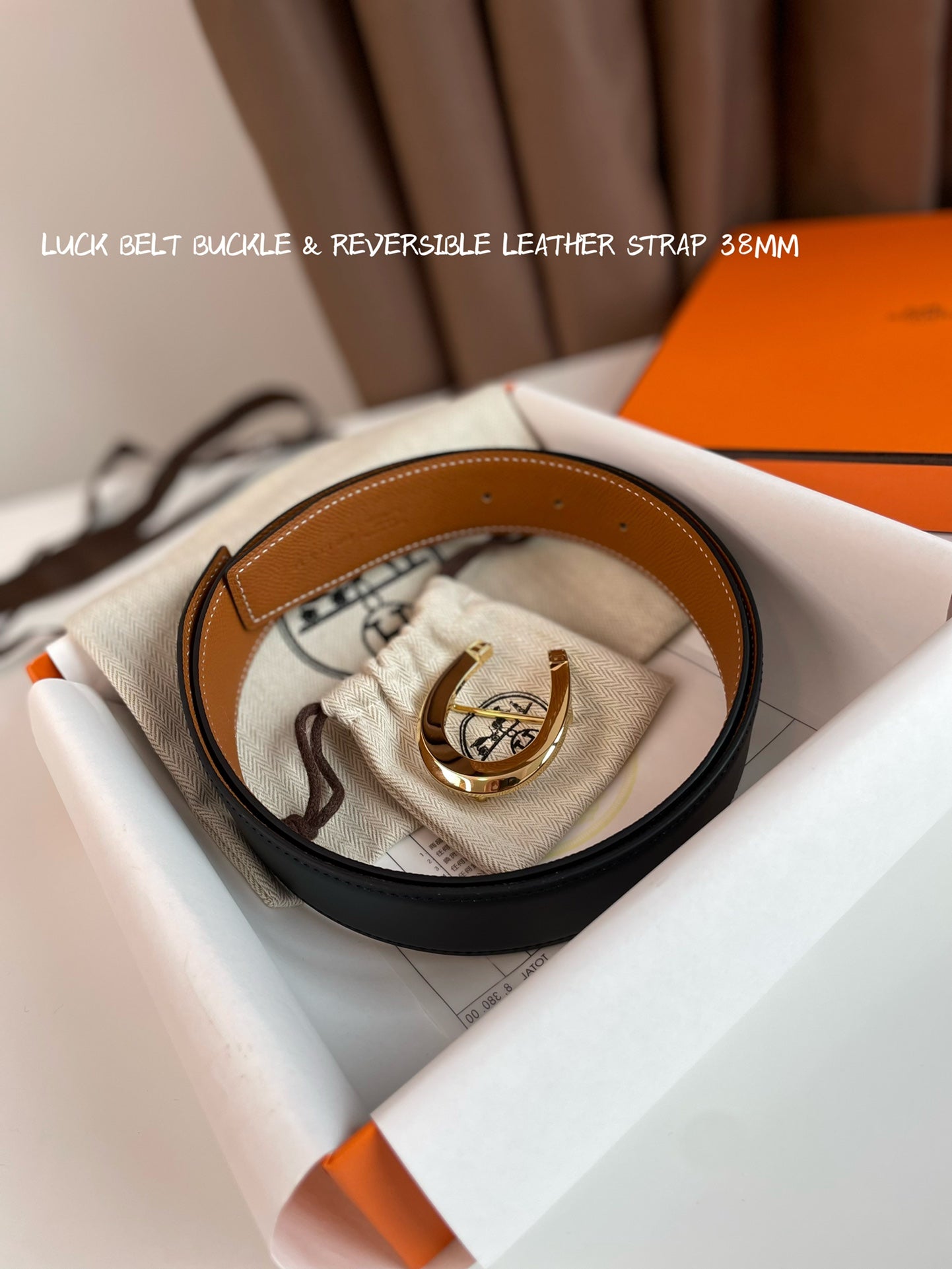 LUCK BELT BUCKLE & REVERSIBLE GINGER ORANGE LEATHER STRAP 38MM GOLDEN HARDWARE - 30