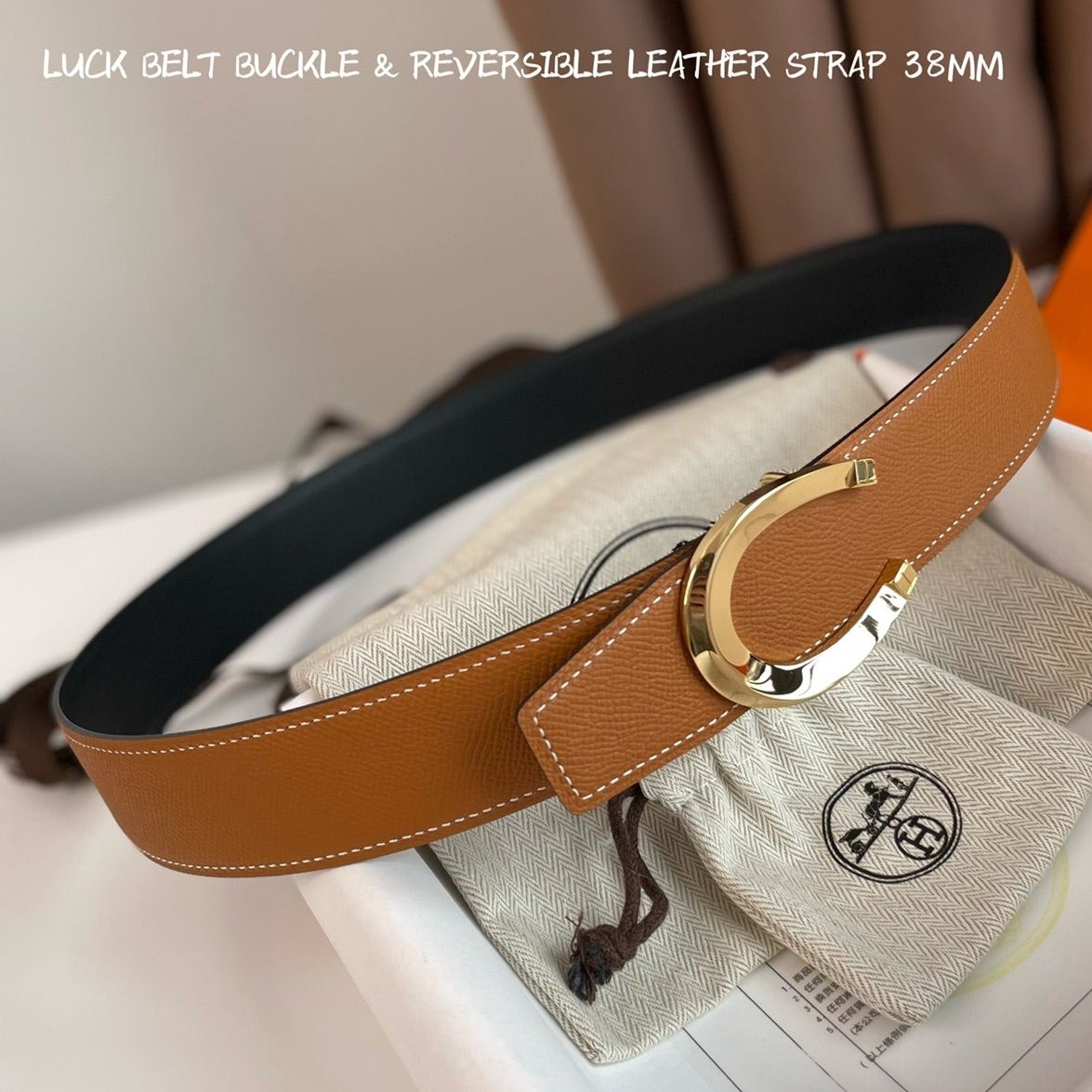 LUCK BELT BUCKLE & REVERSIBLE GINGER ORANGE LEATHER STRAP 38MM GOLDEN HARDWARE - 30