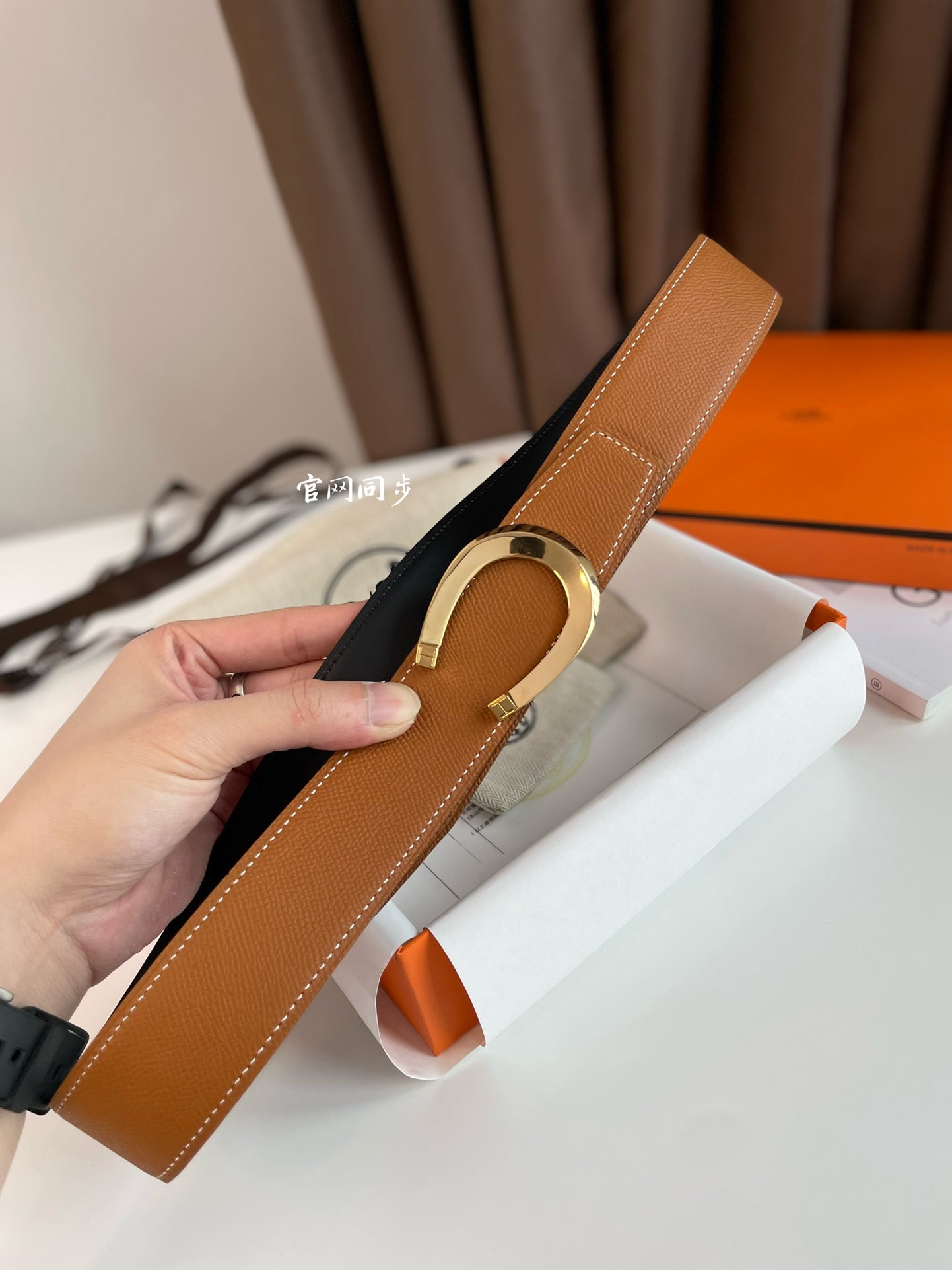 LUCK BELT BUCKLE & REVERSIBLE GINGER ORANGE LEATHER STRAP 38MM GOLDEN HARDWARE - 30