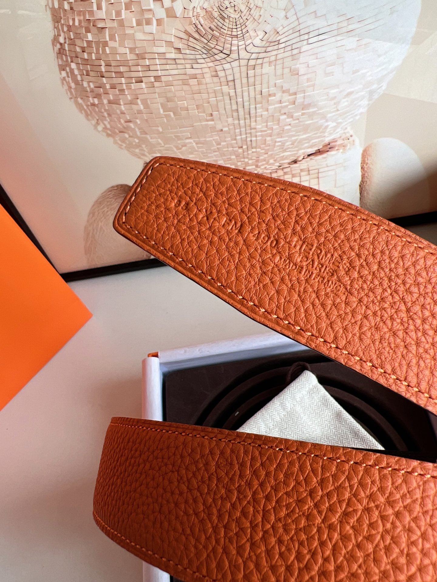 HM ROYAL BELT BUCKLE & REVERSIBLE NOIR AND ORANGE LEATHER STRAP 32 MM GOLD HARDWARE - 30