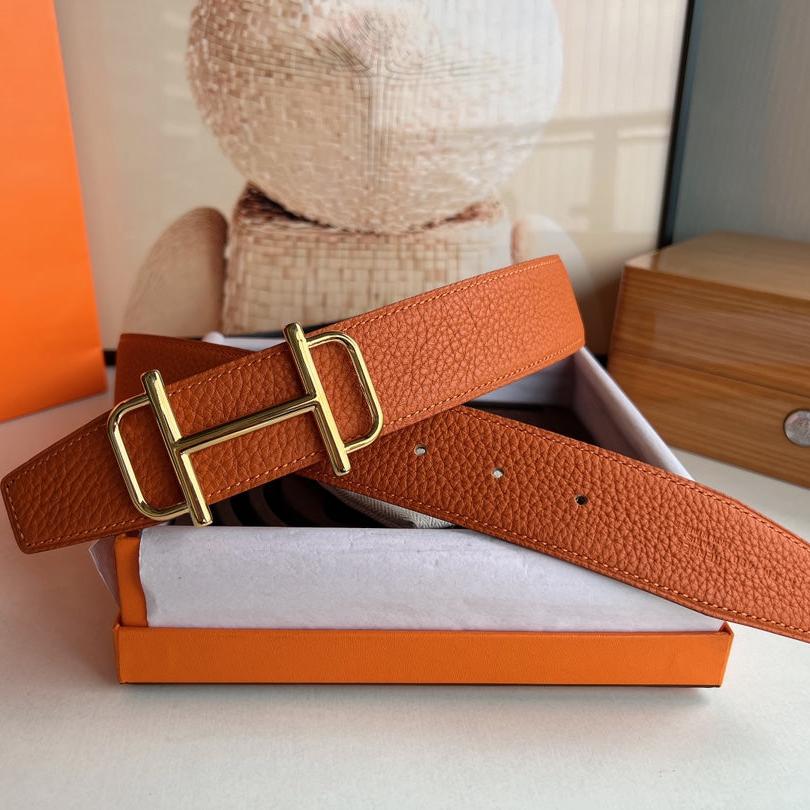 HM ROYAL BELT BUCKLE & REVERSIBLE NOIR AND ORANGE LEATHER STRAP 32 MM GOLD HARDWARE - 30