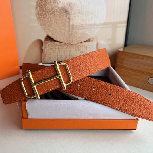 HM ROYAL BELT BUCKLE & REVERSIBLE NOIR AND ORANGE LEATHER STRAP 32 MM GOLD HARDWARE - 30
