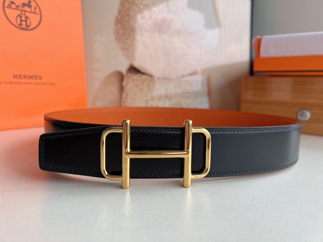 HM ROYAL BELT BUCKLE & REVERSIBLE NOIR AND ORANGE LEATHER STRAP 32 MM GOLD HARDWARE - 30