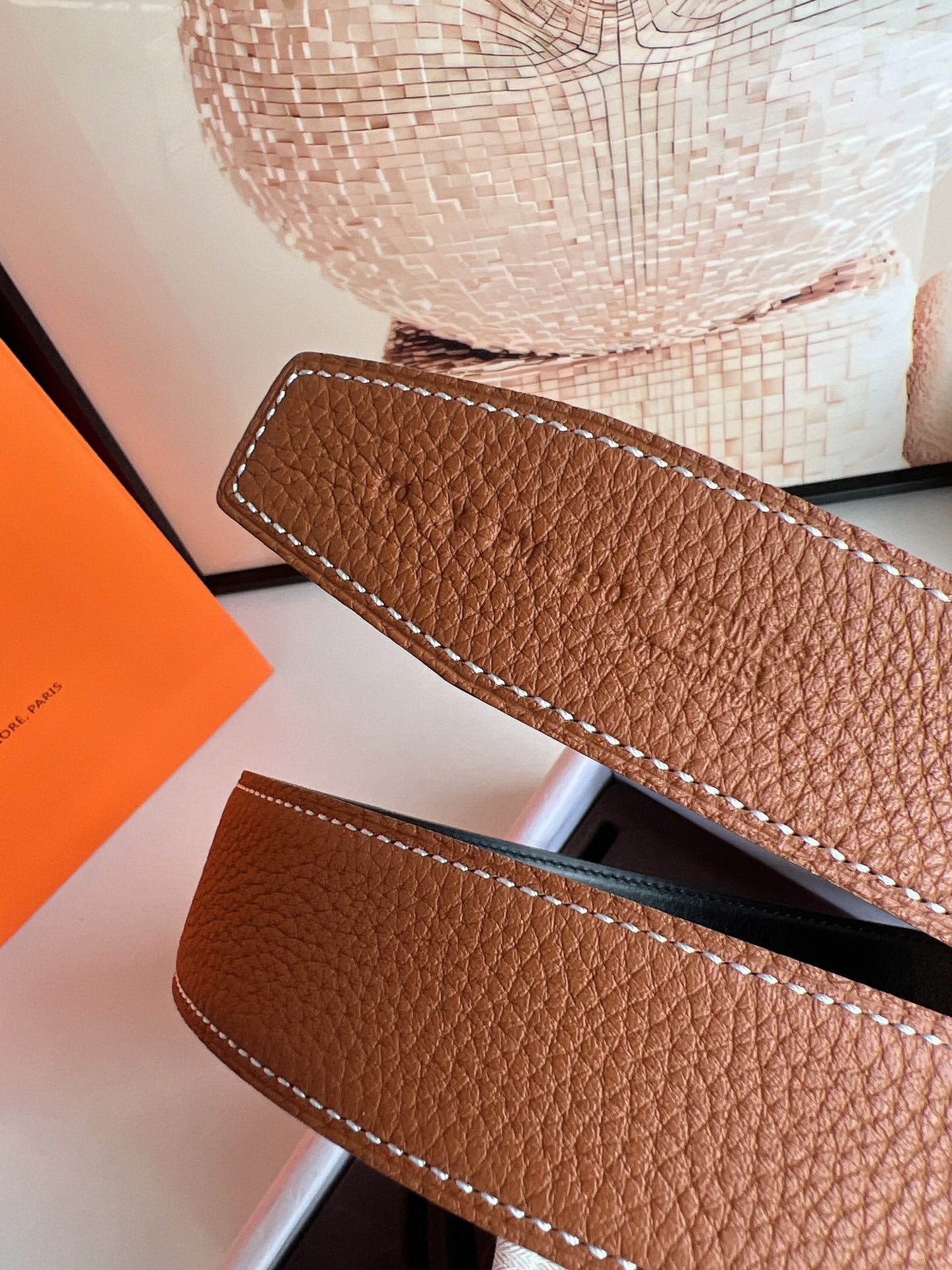 HM ROYAL BELT BUCKLE & REVERSIBLE NOIR AND CIDER ORANGE LEATHER STRAP 32 MM SILVER HARDWARE - 30