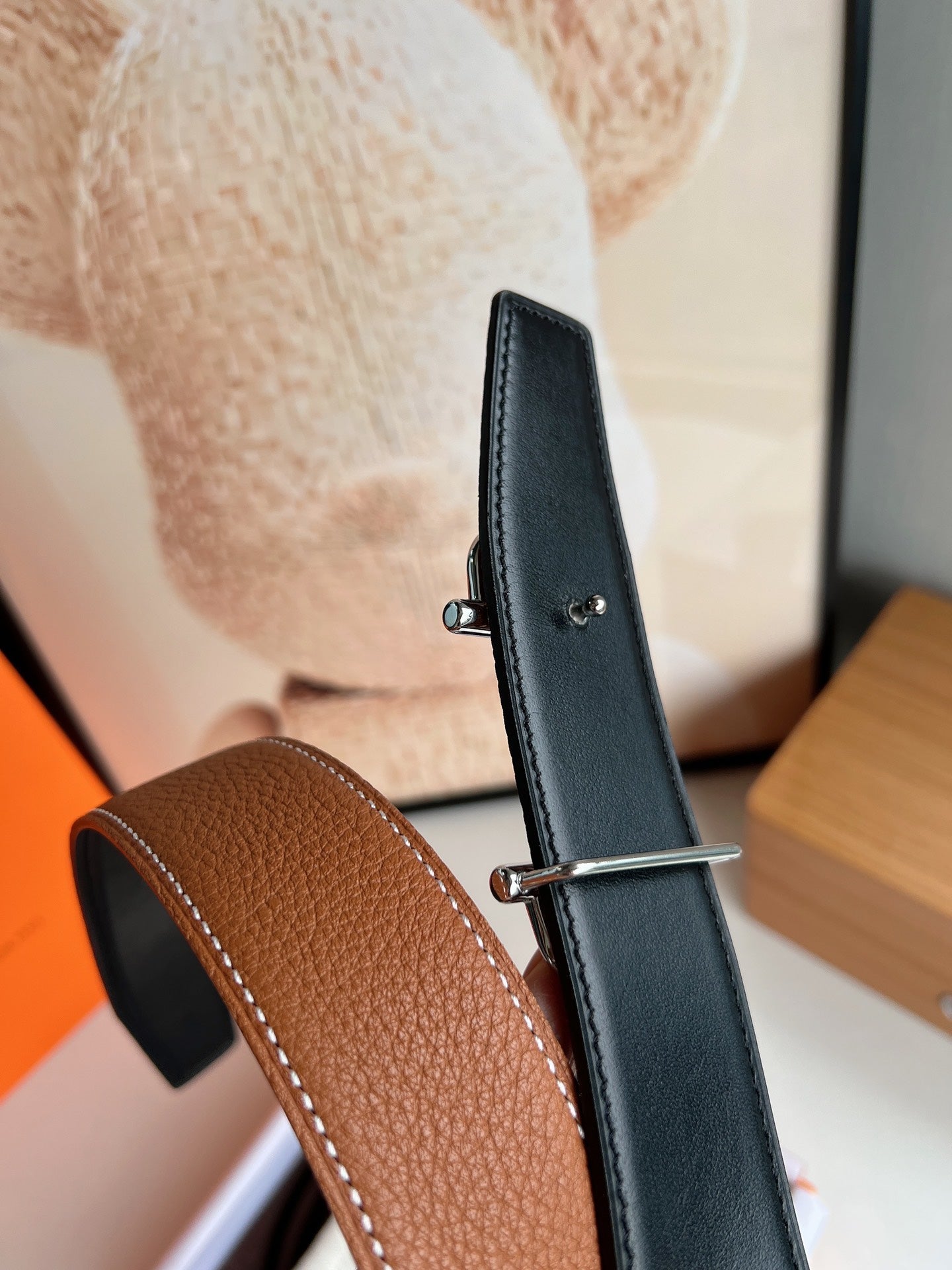 HM ROYAL BELT BUCKLE & REVERSIBLE NOIR AND CIDER ORANGE LEATHER STRAP 32 MM SILVER HARDWARE - 30