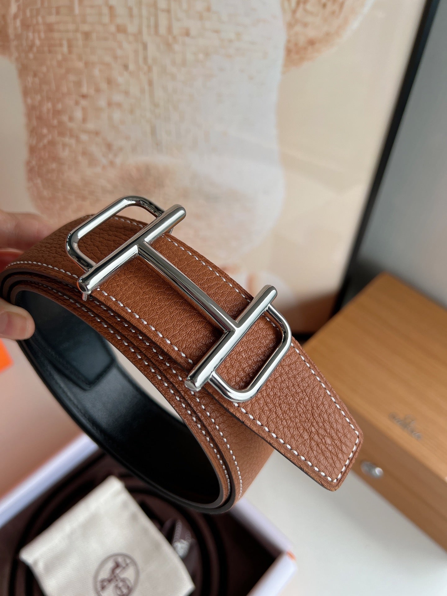 HM ROYAL BELT BUCKLE & REVERSIBLE NOIR AND CIDER ORANGE LEATHER STRAP 32 MM SILVER HARDWARE - 30