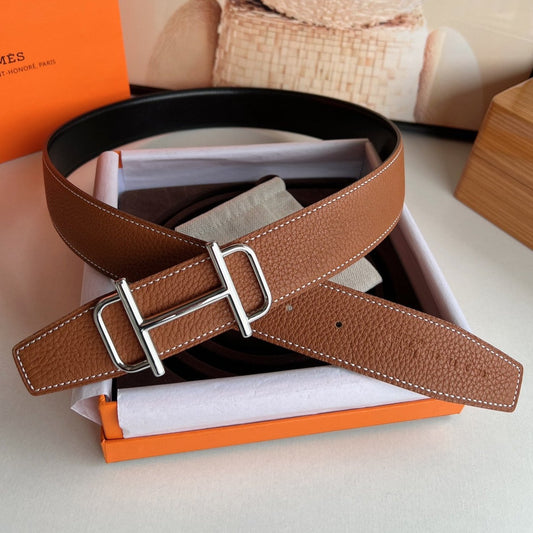 HM ROYAL BELT BUCKLE & REVERSIBLE NOIR AND CIDER ORANGE LEATHER STRAP 32 MM SILVER HARDWARE - 30