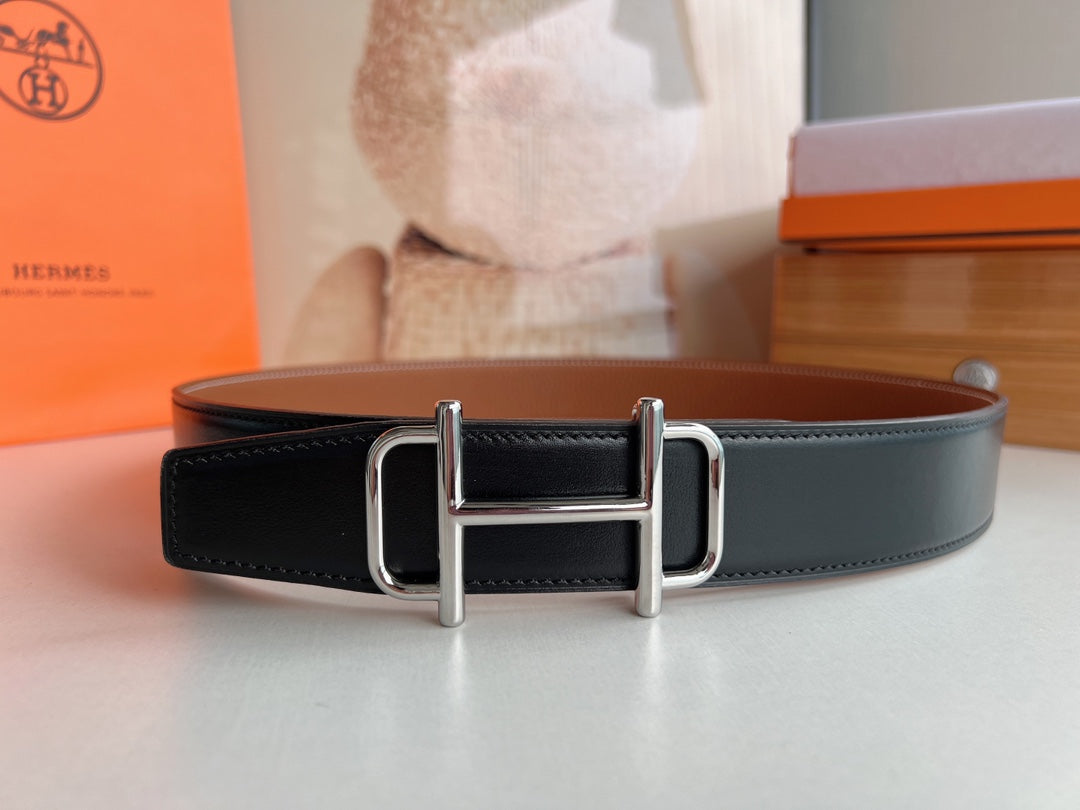 HM ROYAL BELT BUCKLE & REVERSIBLE NOIR AND CIDER ORANGE LEATHER STRAP 32 MM SILVER HARDWARE - 30