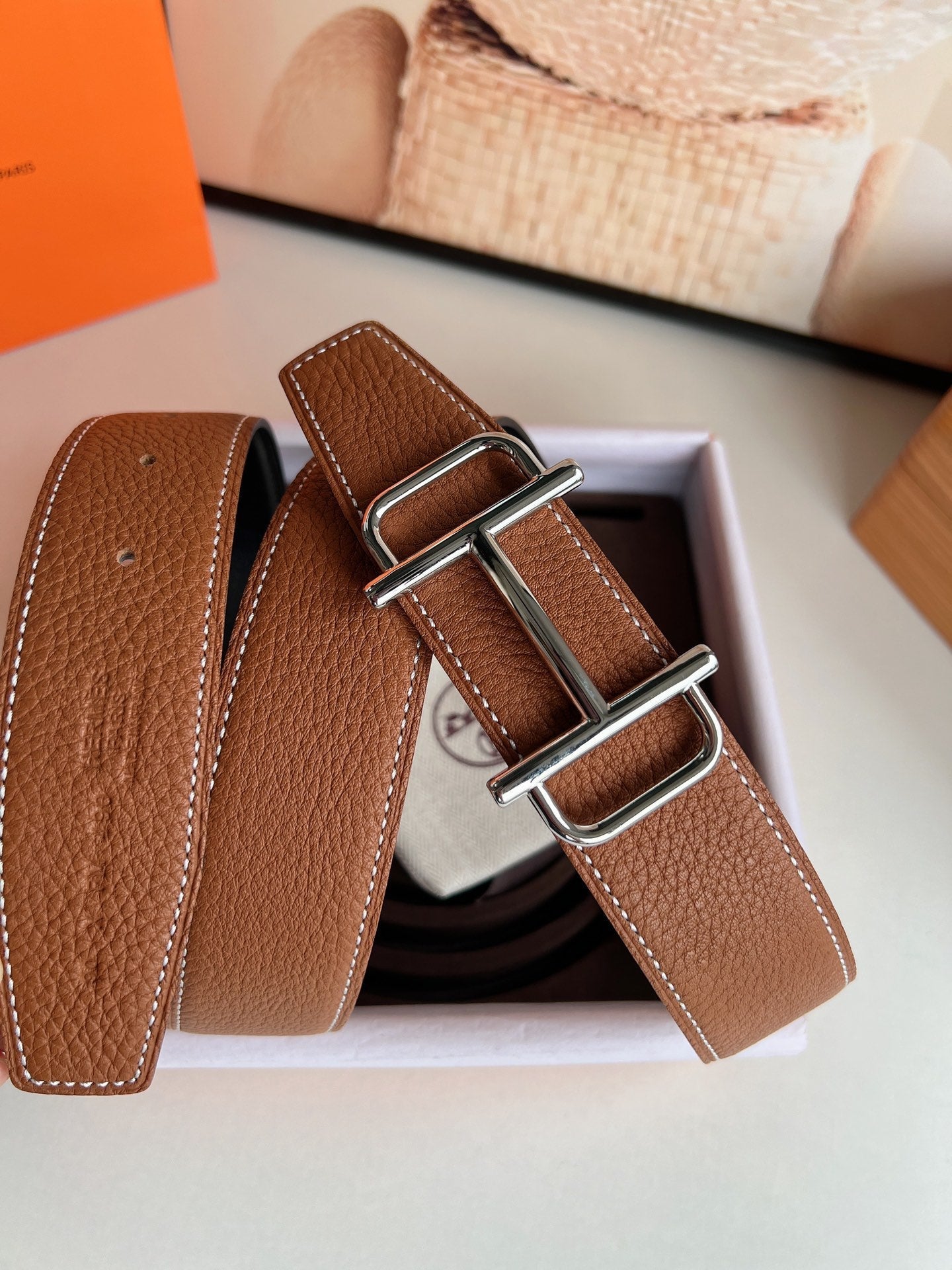 HM ROYAL BELT BUCKLE & REVERSIBLE NOIR AND CIDER ORANGE LEATHER STRAP 32 MM SILVER HARDWARE - 30
