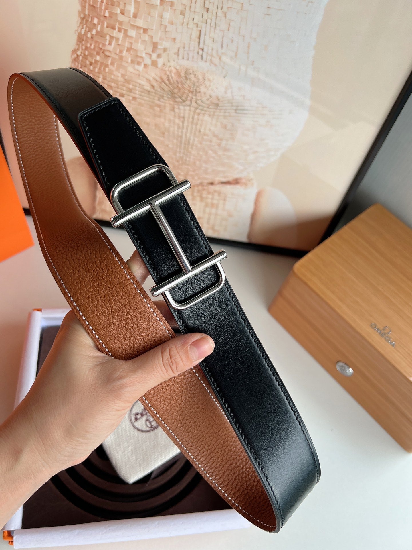 HM ROYAL BELT BUCKLE & REVERSIBLE NOIR AND CIDER ORANGE LEATHER STRAP 32 MM SILVER HARDWARE - 30