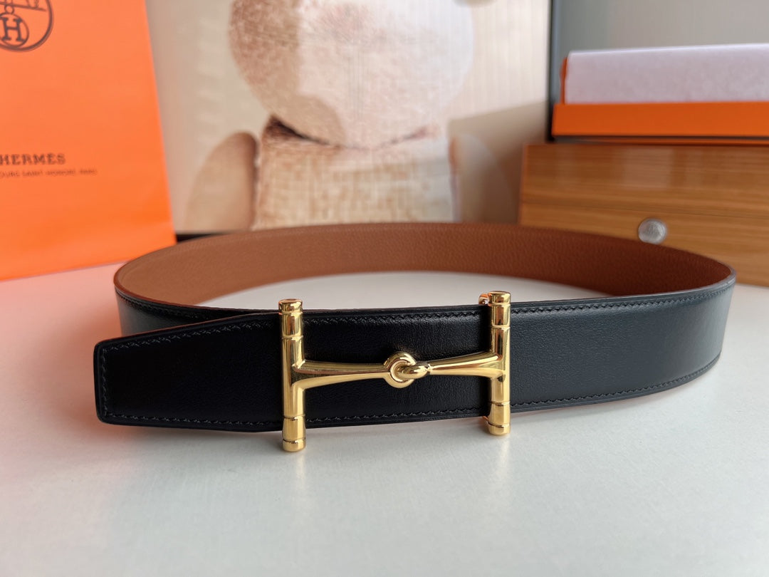 HM JUMBO BELT BUCKLE & REVERSIBLE CIDER ORANGE AND BLACK LEATHER STRAP 38 MM GOLD HARDWARE - 30