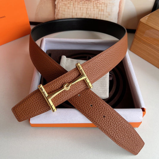 HM JUMBO BELT BUCKLE & REVERSIBLE CIDER ORANGE AND BLACK LEATHER STRAP 38 MM GOLD HARDWARE - 30