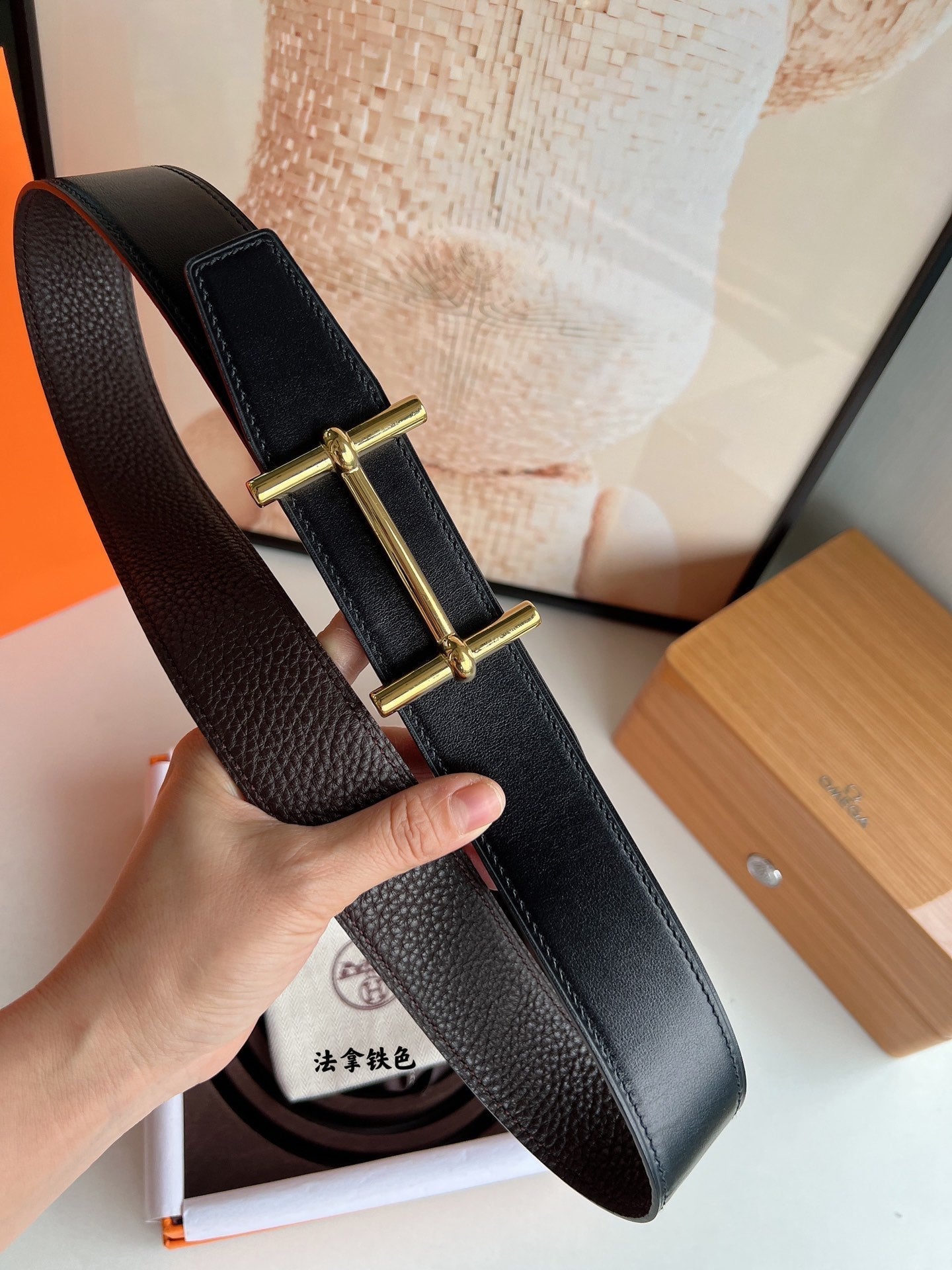 HM H D'ANCRE BELT BUCKLE & REVERSIBLE CHOCOLATE BROWN LEATHER STRAP 38 MM GOLD HARDWARE - 30