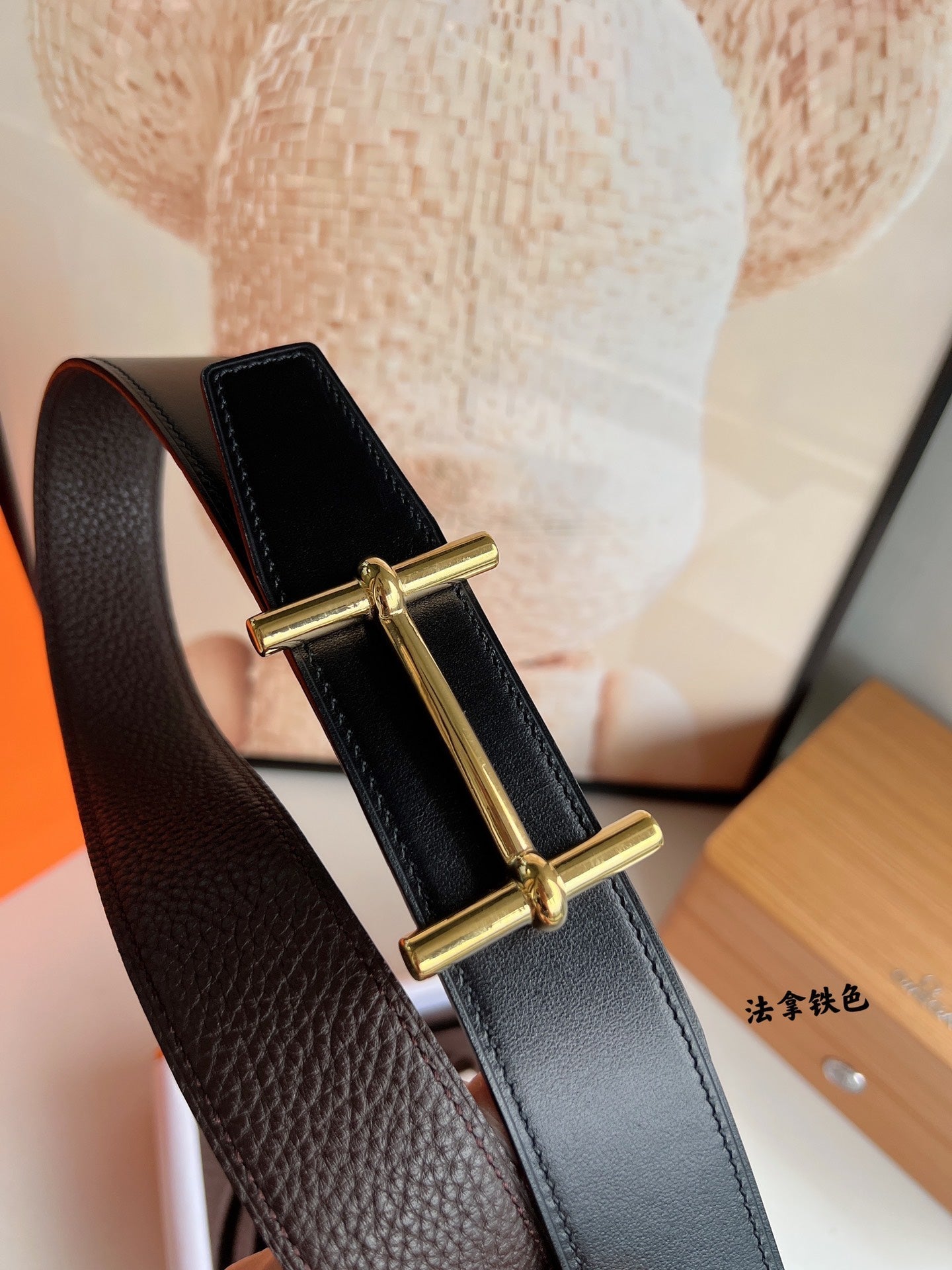 HM H D'ANCRE BELT BUCKLE & REVERSIBLE CHOCOLATE BROWN LEATHER STRAP 38 MM GOLD HARDWARE - 30
