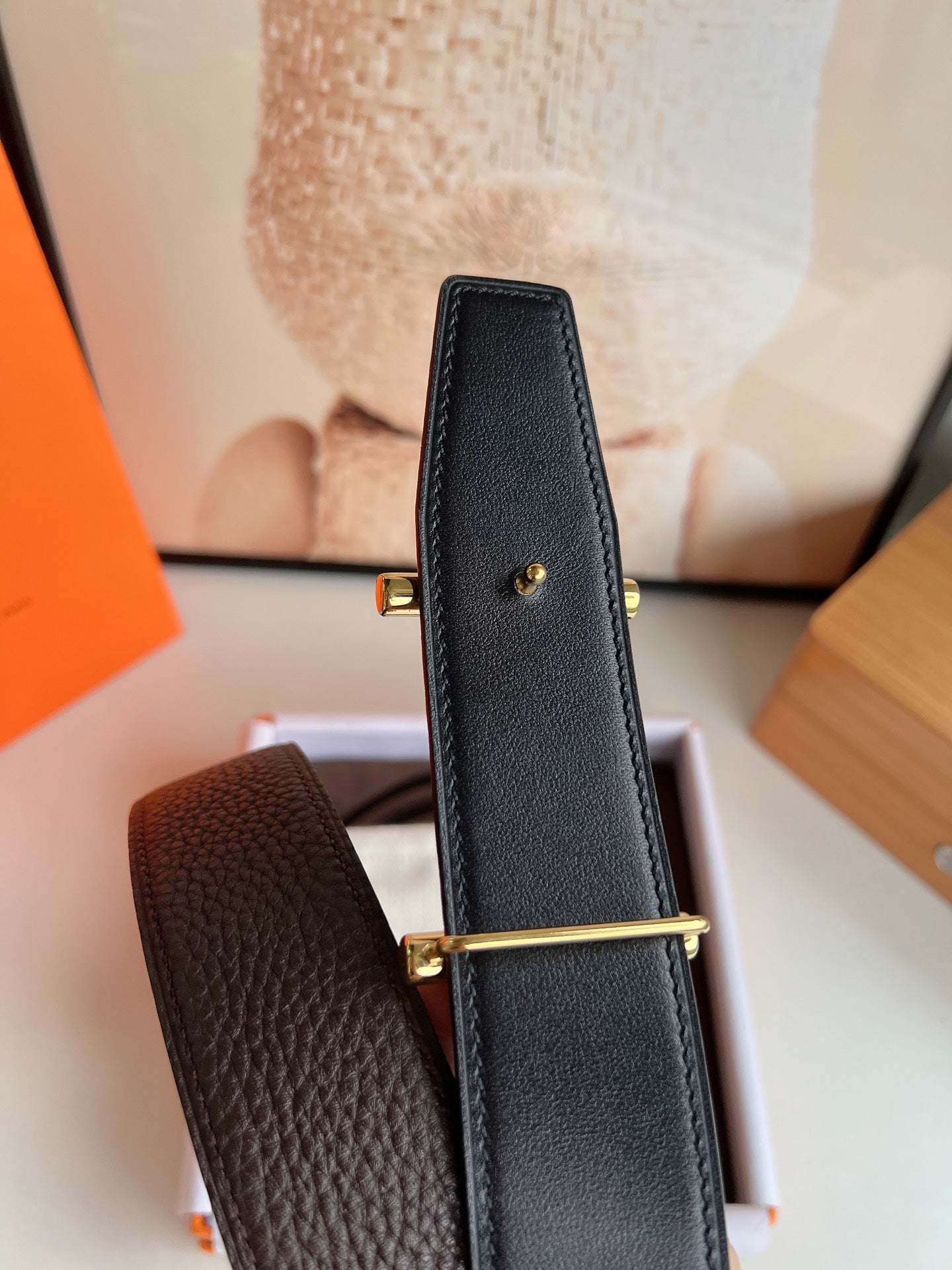 HM H D'ANCRE BELT BUCKLE & REVERSIBLE CHOCOLATE BROWN LEATHER STRAP 38 MM GOLD HARDWARE - 30