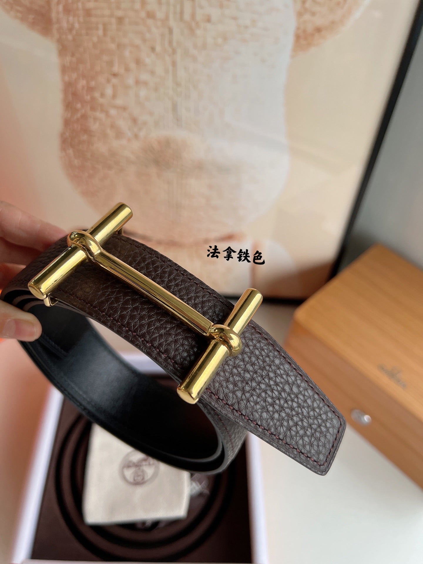 HM H D'ANCRE BELT BUCKLE & REVERSIBLE CHOCOLATE BROWN LEATHER STRAP 38 MM GOLD HARDWARE - 30