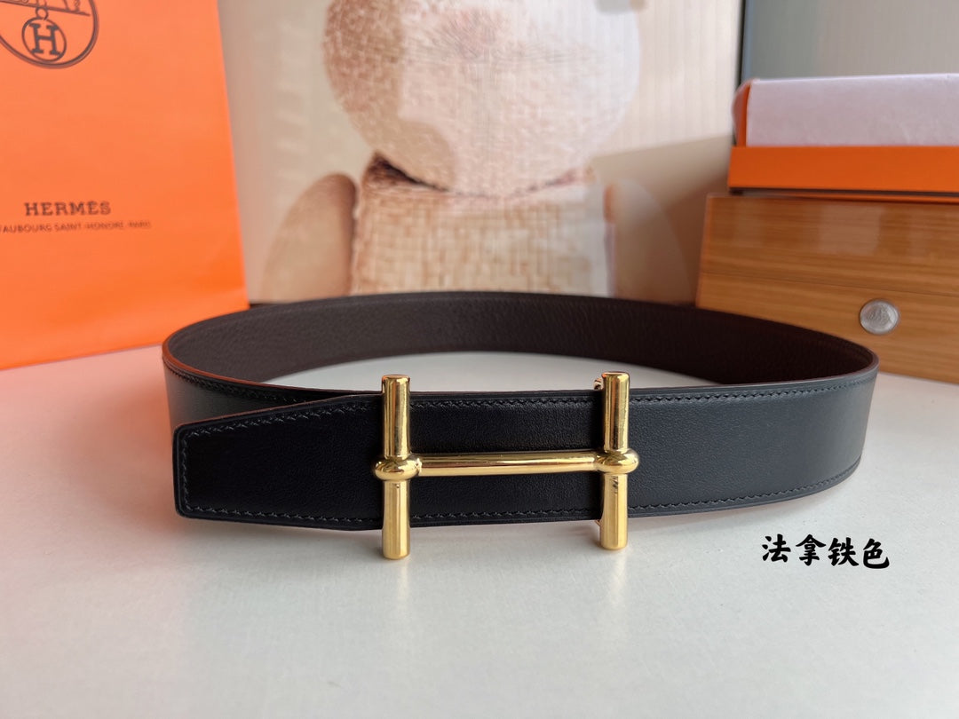 HM H D'ANCRE BELT BUCKLE & REVERSIBLE CHOCOLATE BROWN LEATHER STRAP 38 MM GOLD HARDWARE - 30