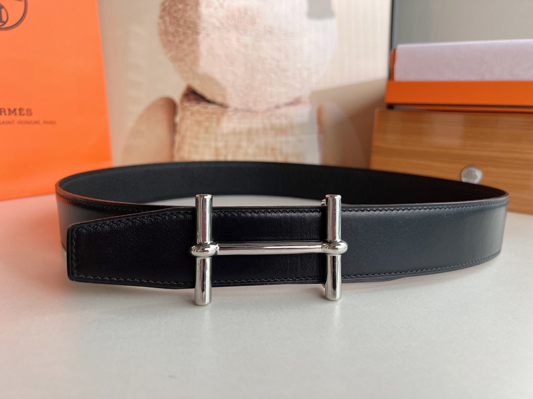 HM H D'ANCRE BELT BUCKLE & REVERSIBLE BLACK LEATHER STRAP 38 MM SILVER HARDWARE - 30