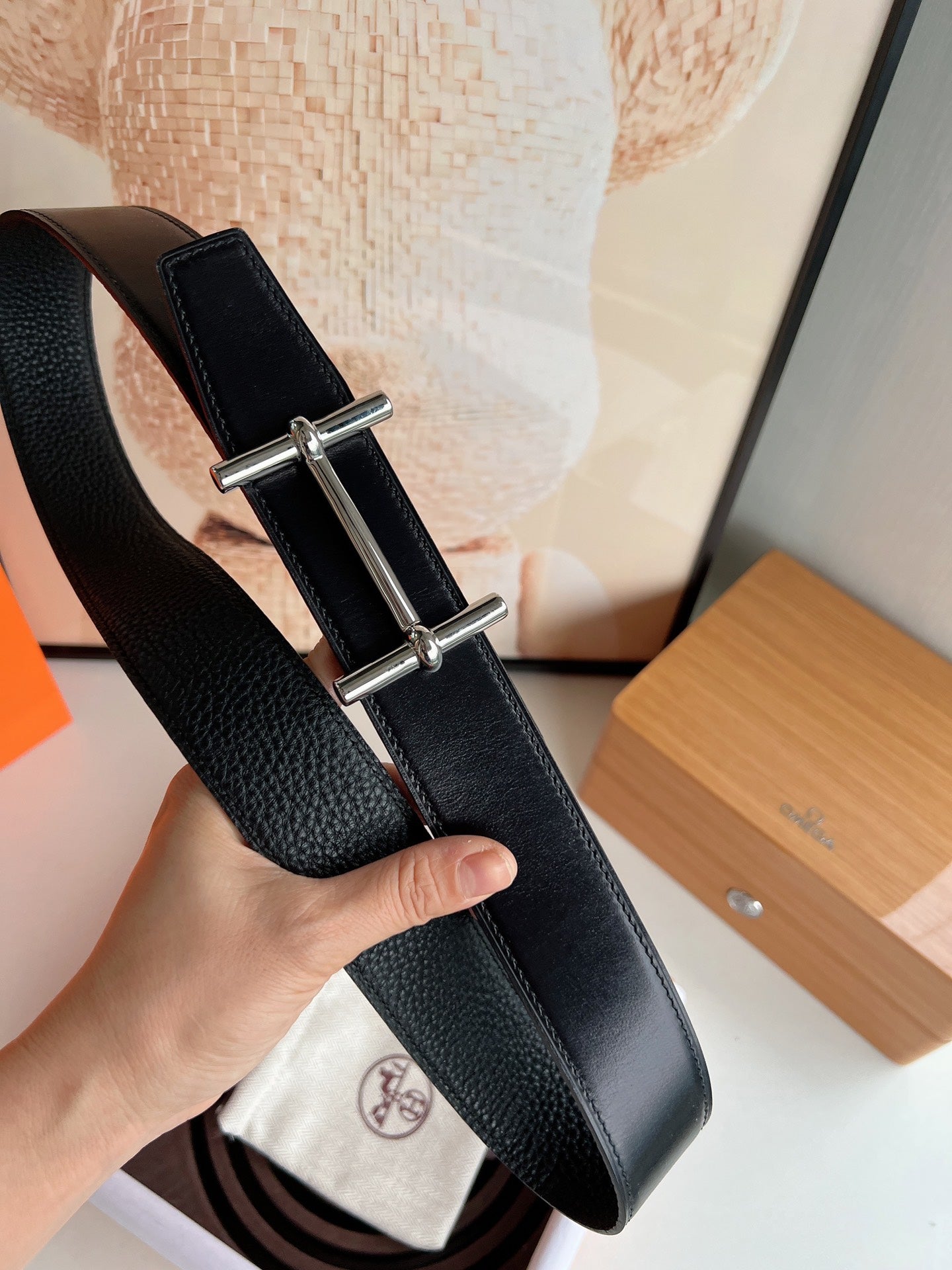 HM H D'ANCRE BELT BUCKLE & REVERSIBLE BLACK LEATHER STRAP 38 MM SILVER HARDWARE - 30
