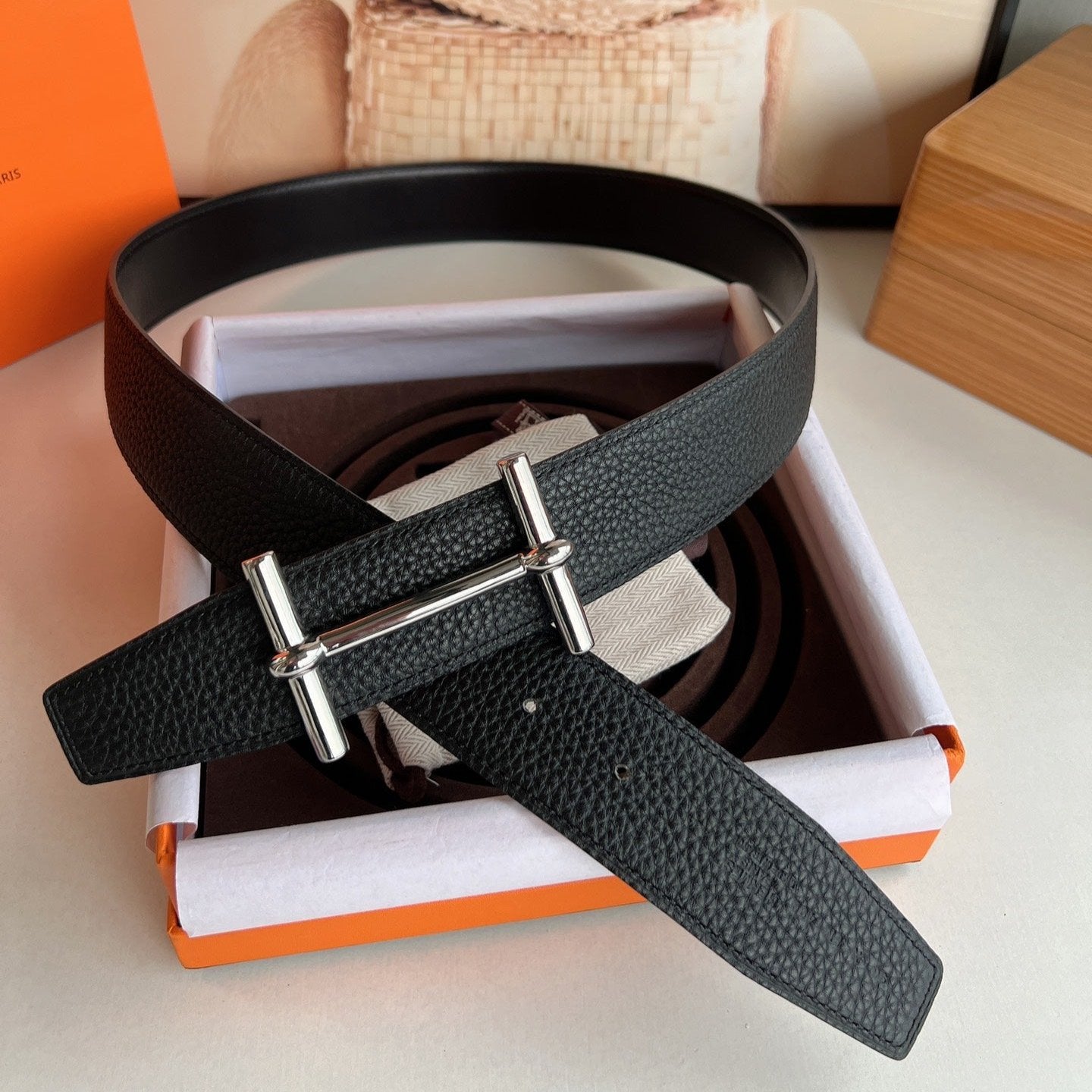 HM H D'ANCRE BELT BUCKLE & REVERSIBLE BLACK LEATHER STRAP 38 MM SILVER HARDWARE - 30