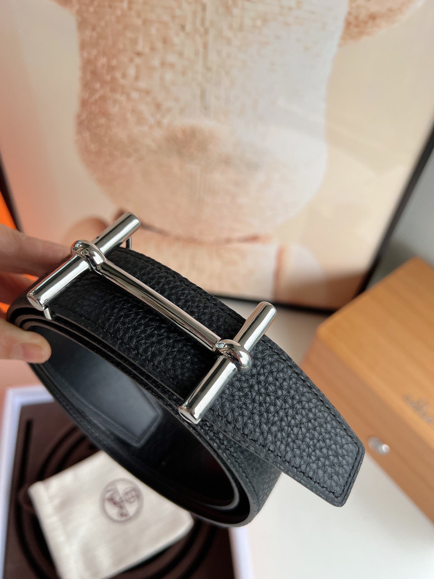 HM H D'ANCRE BELT BUCKLE & REVERSIBLE BLACK LEATHER STRAP 38 MM SILVER HARDWARE - 30