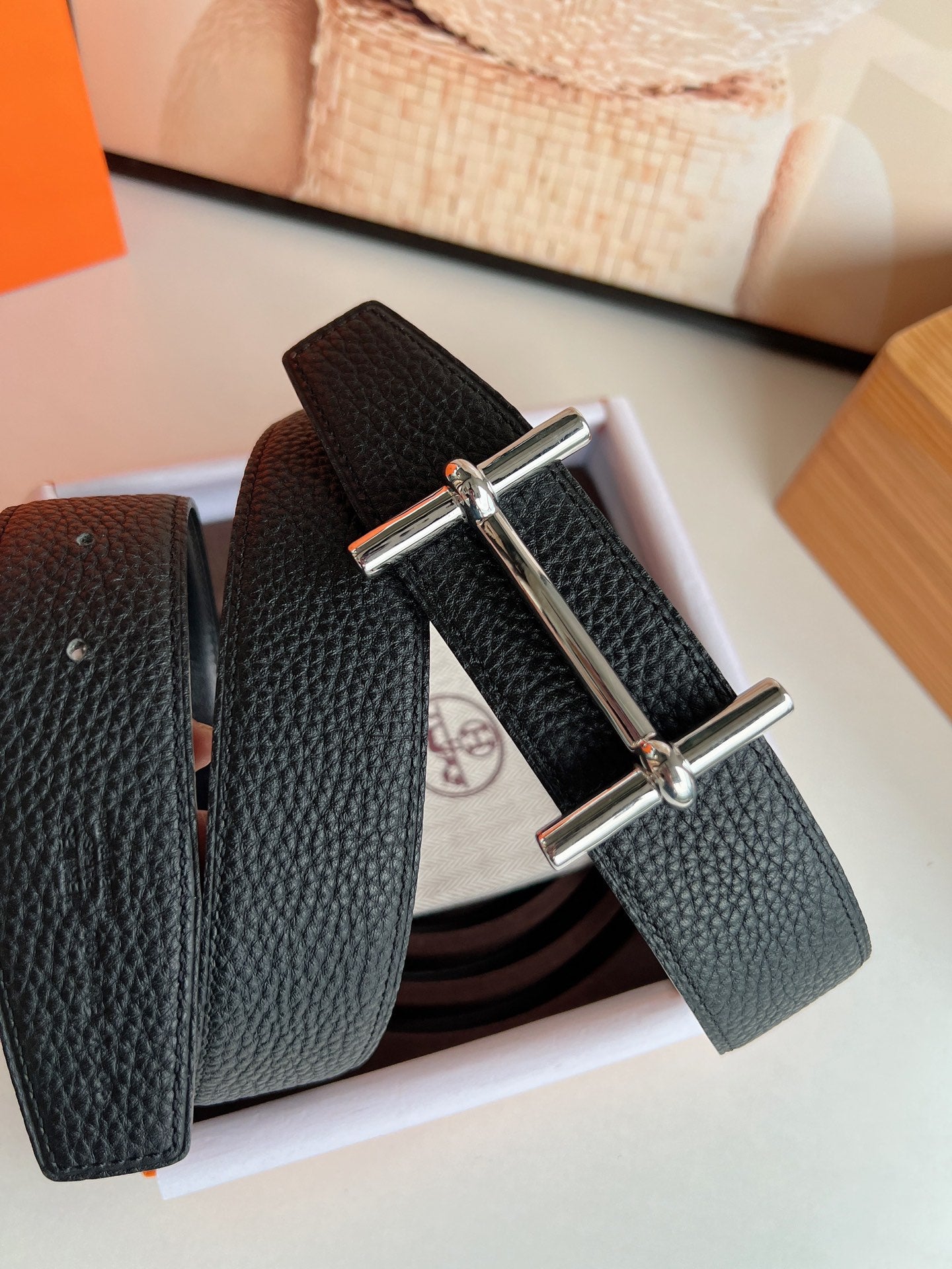 HM H D'ANCRE BELT BUCKLE & REVERSIBLE BLACK LEATHER STRAP 38 MM SILVER HARDWARE - 30