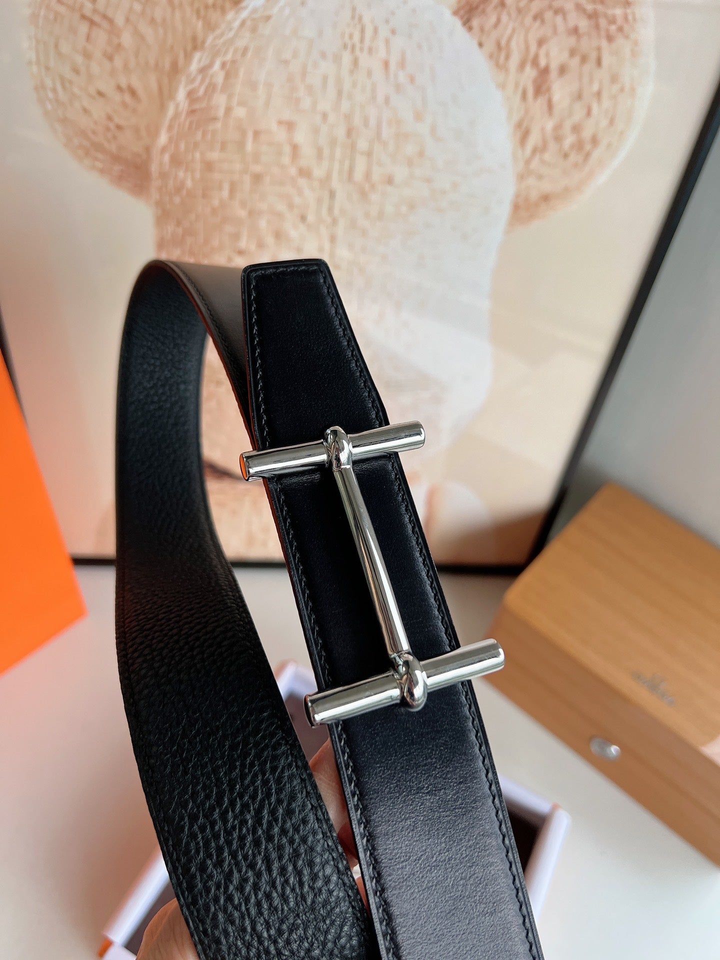 HM H D'ANCRE BELT BUCKLE & REVERSIBLE BLACK LEATHER STRAP 38 MM SILVER HARDWARE - 30