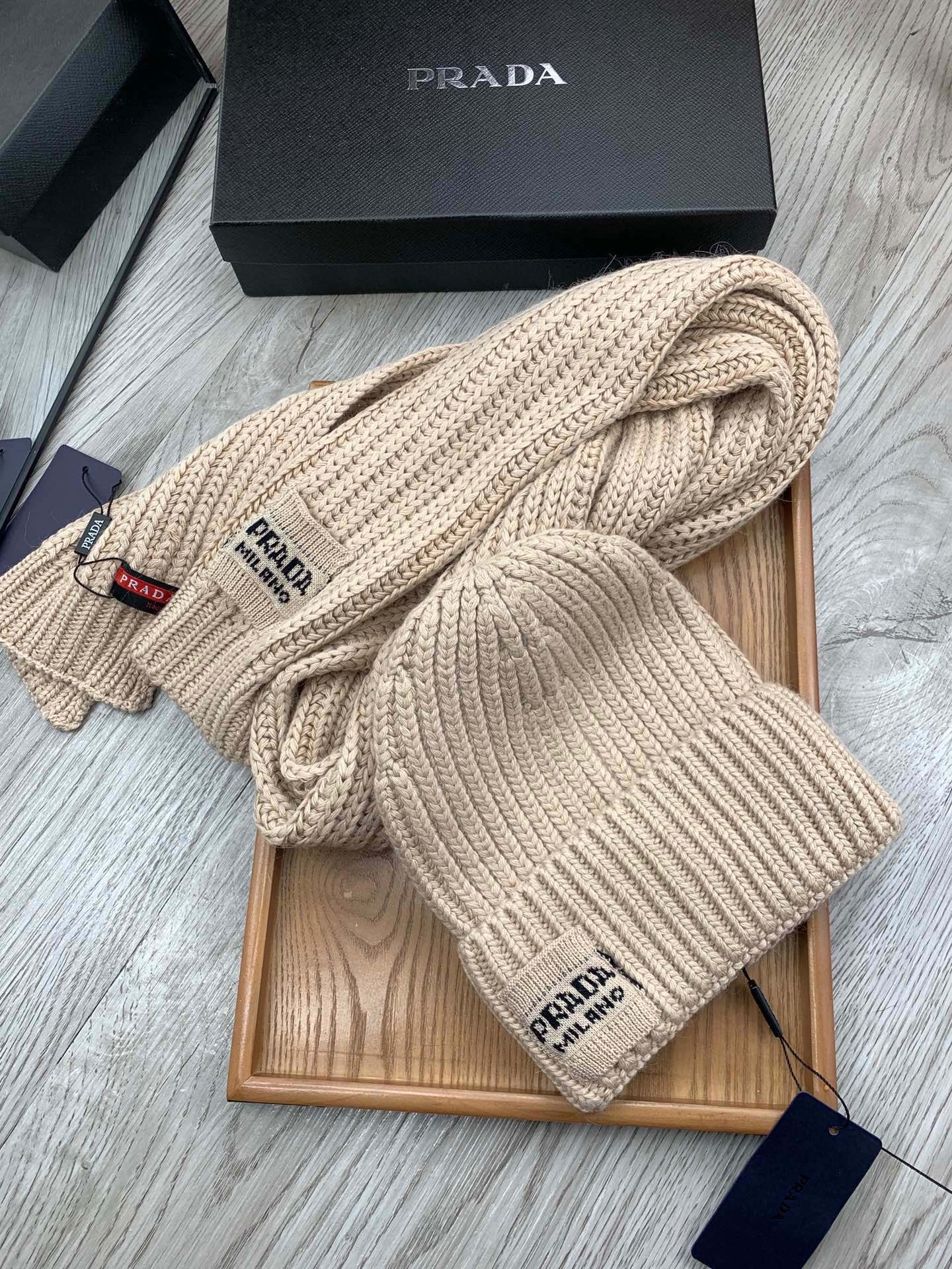 SET SCARF AND HAT IN SAND BROWN WOOL AND RABBIT FUR 388990
