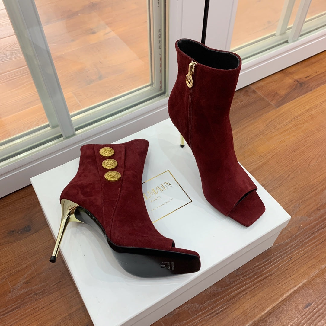 BALMAIN 26S ВІДКРИТІ ЧЕРЕВИКИ ЗІ ШКІРИ (ЗАМШІ) ТЕМНО-ЧЕРВОНОГО КОЛЬОРУ, ВИСОТА ПІДБОРУ 95 ММ
