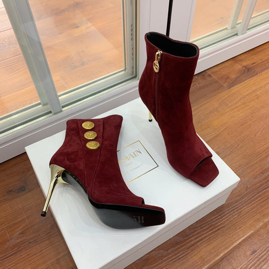BALMAIN 26S ВІДКРИТІ ЧЕРЕВИКИ ЗІ ШКІРИ (ЗАМШІ) ТЕМНО-ЧЕРВОНОГО КОЛЬОРУ, ВИСОТА ПІДБОРУ 95 ММ