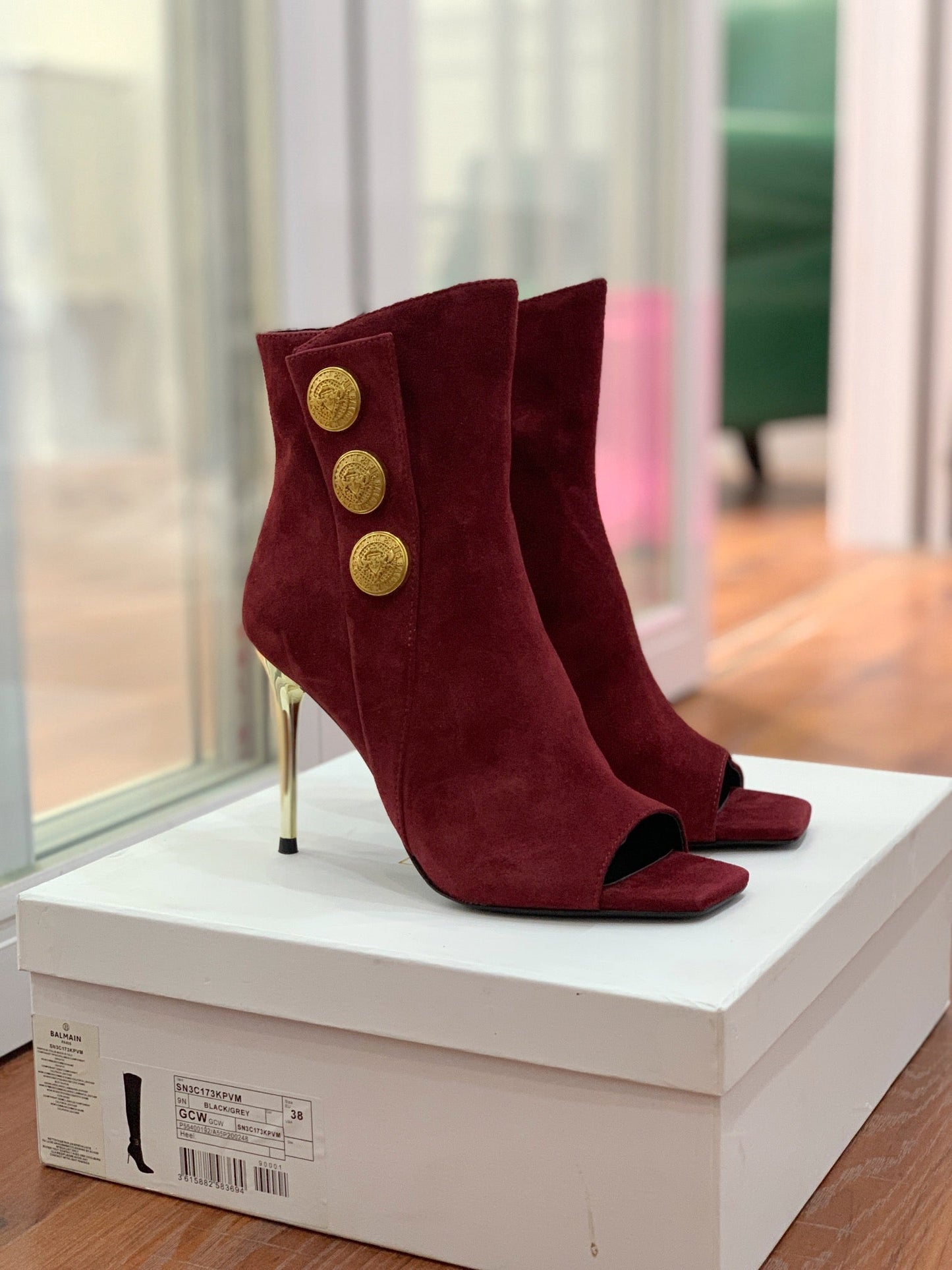 BALMAIN 26S ВІДКРИТІ ЧЕРЕВИКИ ЗІ ШКІРИ (ЗАМШІ) ТЕМНО-ЧЕРВОНОГО КОЛЬОРУ, ВИСОТА ПІДБОРУ 95 ММ