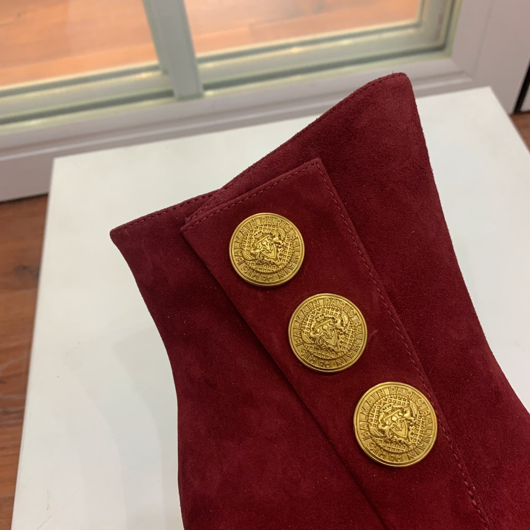 BALMAIN 26S ВІДКРИТІ ЧЕРЕВИКИ ЗІ ШКІРИ (ЗАМШІ) ТЕМНО-ЧЕРВОНОГО КОЛЬОРУ, ВИСОТА ПІДБОРУ 95 ММ