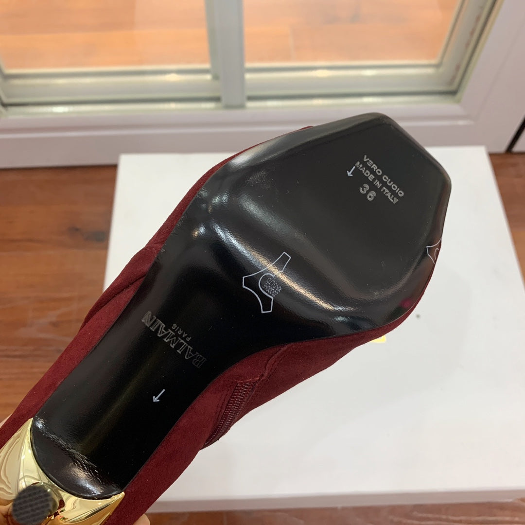 BALMAIN 26S ВІДКРИТІ ЧЕРЕВИКИ ЗІ ШКІРИ (ЗАМШІ) ТЕМНО-ЧЕРВОНОГО КОЛЬОРУ, ВИСОТА ПІДБОРУ 95 ММ