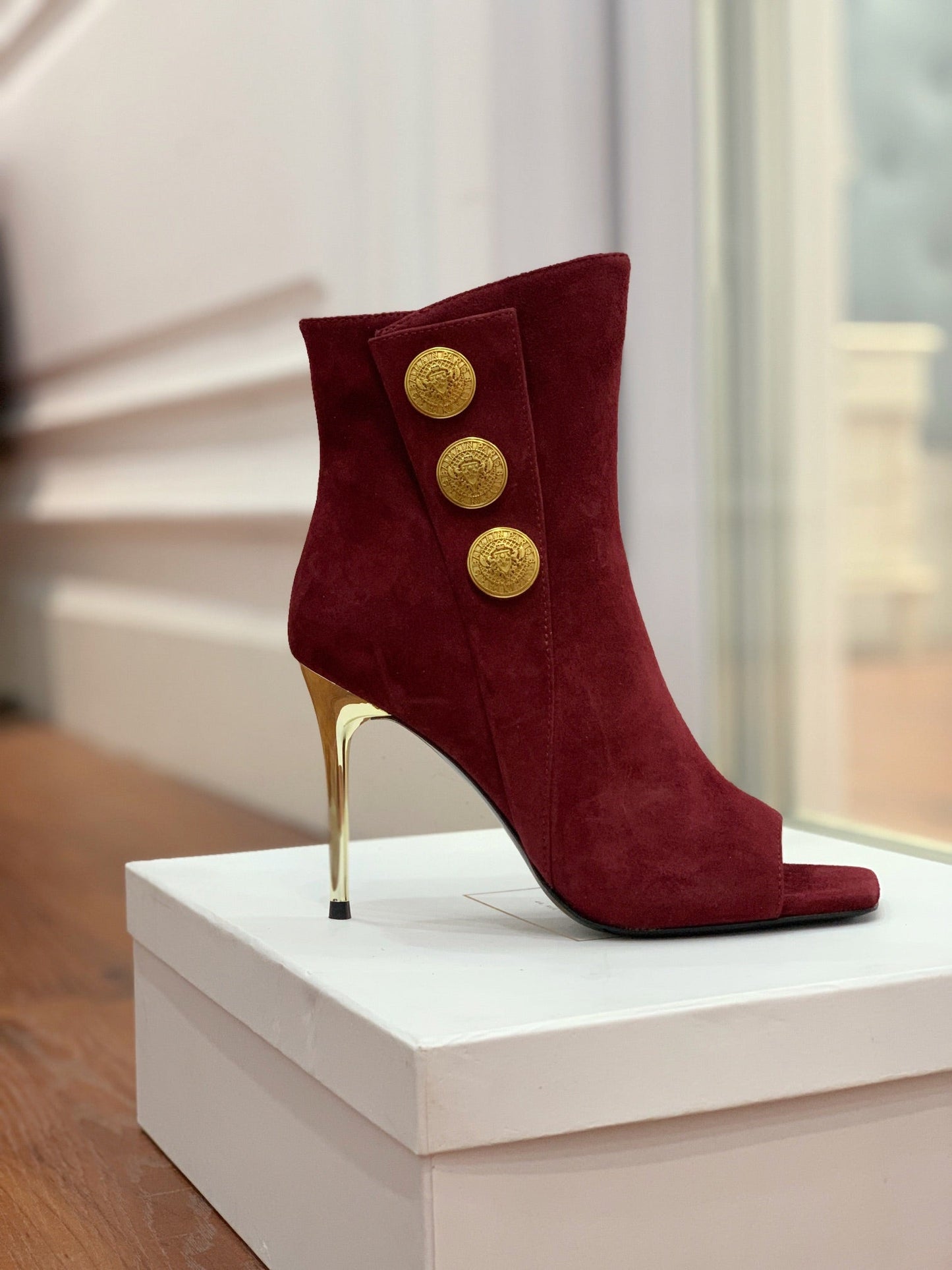 BALMAIN 26S ВІДКРИТІ ЧЕРЕВИКИ ЗІ ШКІРИ (ЗАМШІ) ТЕМНО-ЧЕРВОНОГО КОЛЬОРУ, ВИСОТА ПІДБОРУ 95 ММ