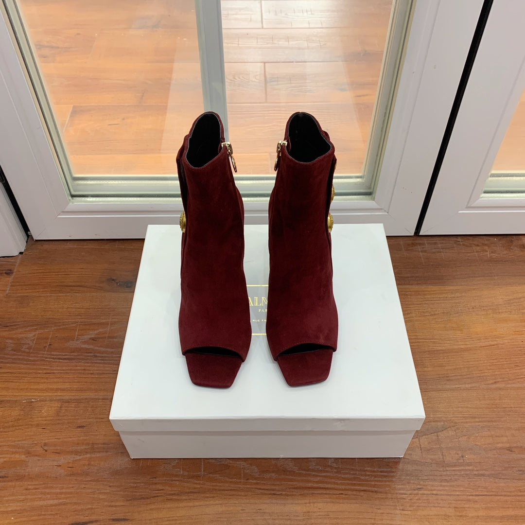 BALMAIN 26S ВІДКРИТІ ЧЕРЕВИКИ ЗІ ШКІРИ (ЗАМШІ) ТЕМНО-ЧЕРВОНОГО КОЛЬОРУ, ВИСОТА ПІДБОРУ 95 ММ
