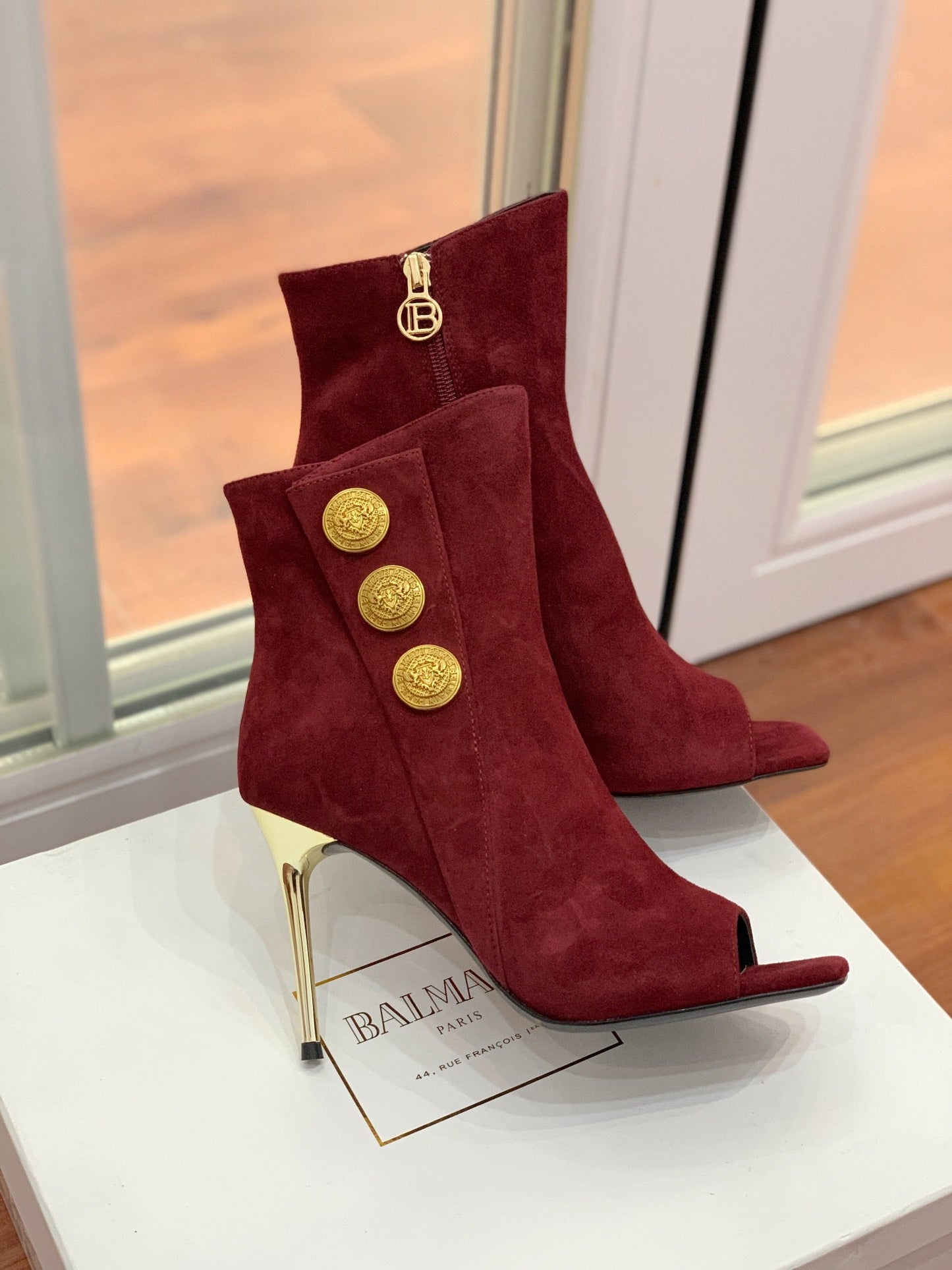 BALMAIN 26S ВІДКРИТІ ЧЕРЕВИКИ ЗІ ШКІРИ (ЗАМШІ) ТЕМНО-ЧЕРВОНОГО КОЛЬОРУ, ВИСОТА ПІДБОРУ 95 ММ