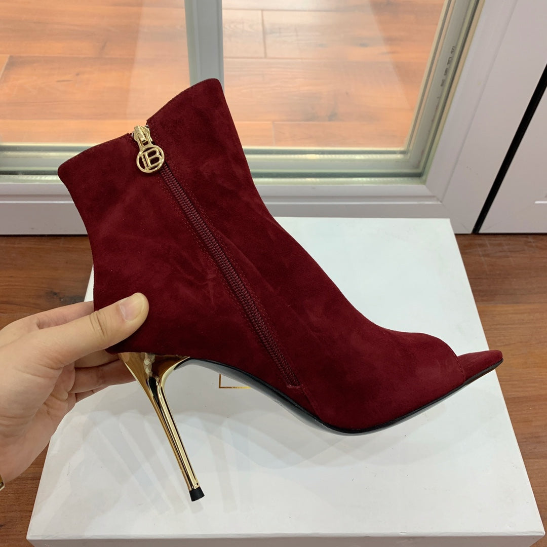BALMAIN 26S ВІДКРИТІ ЧЕРЕВИКИ ЗІ ШКІРИ (ЗАМШІ) ТЕМНО-ЧЕРВОНОГО КОЛЬОРУ, ВИСОТА ПІДБОРУ 95 ММ