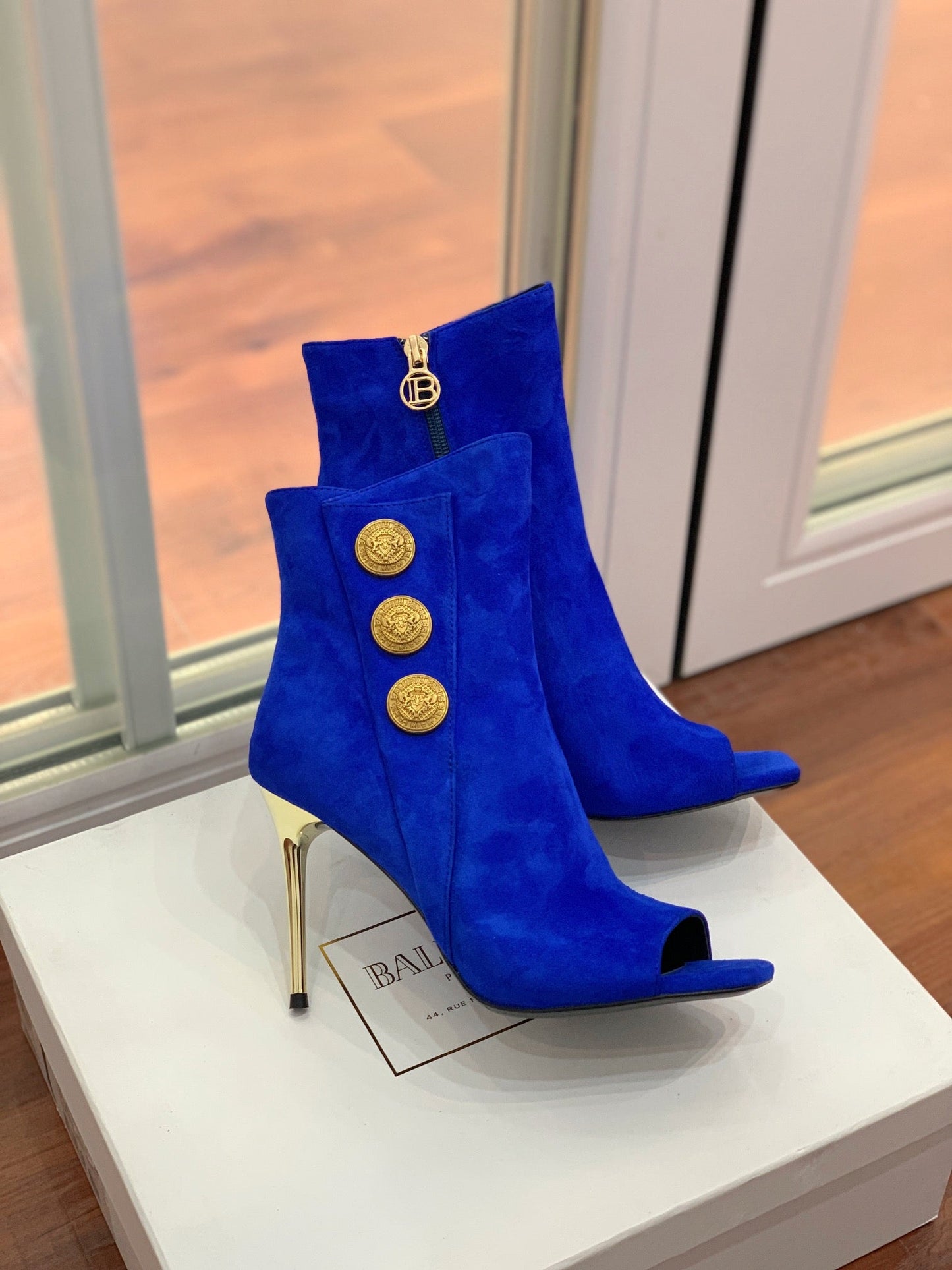 ЧОБОТИ BALMAIN 26S З ВІДКРИТИМ НОСКОМ 95 ММ З ЗАМШІ КОЛЬОРУ «МОРСЬКИЙ СИНІЙ»