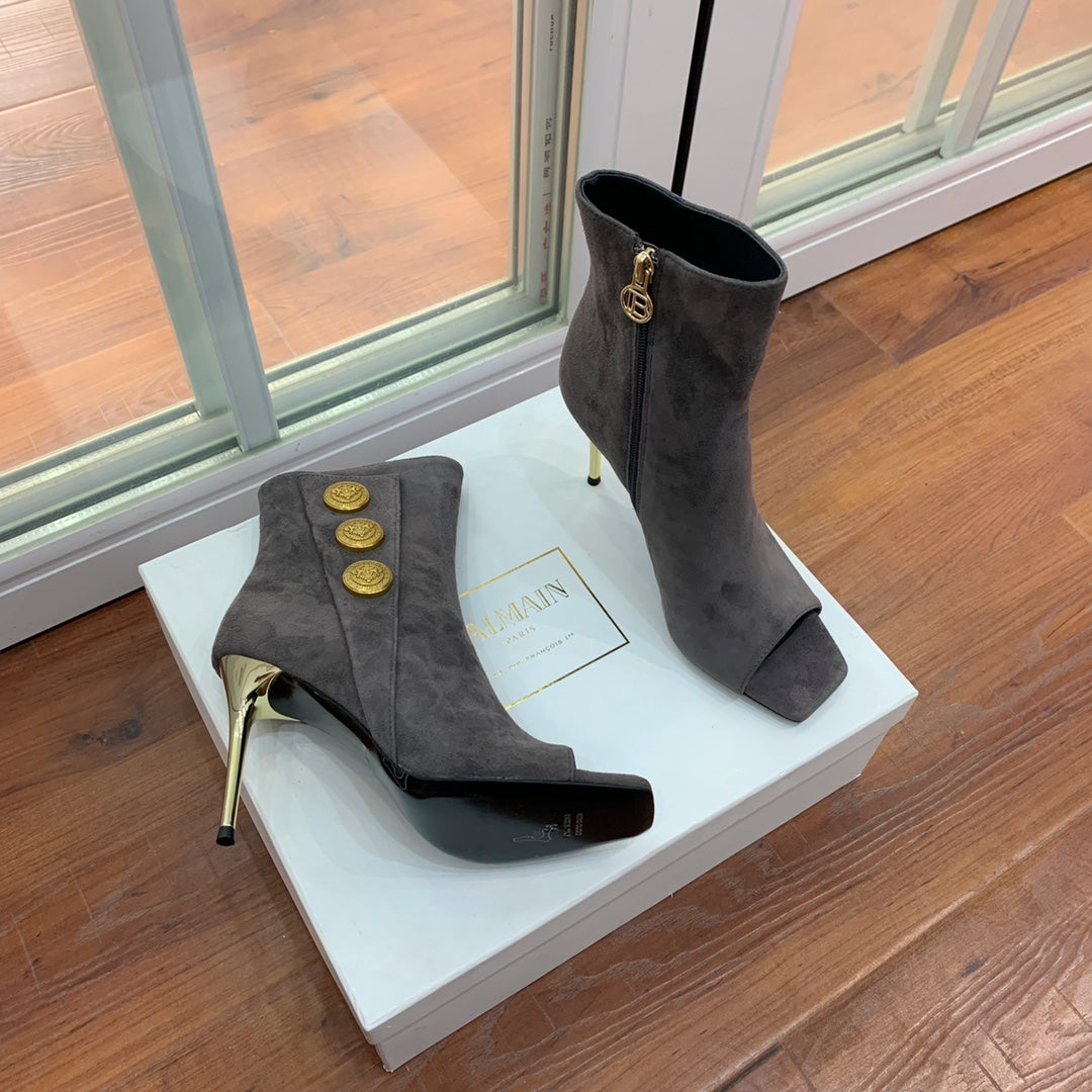 БОТІНКИ BALMAIN 26S З ВІДКРИТИМ НОСКОМ 95 ММ З СІРУВАТО-КОРИЧНЕВОЇ ЗАМШІ