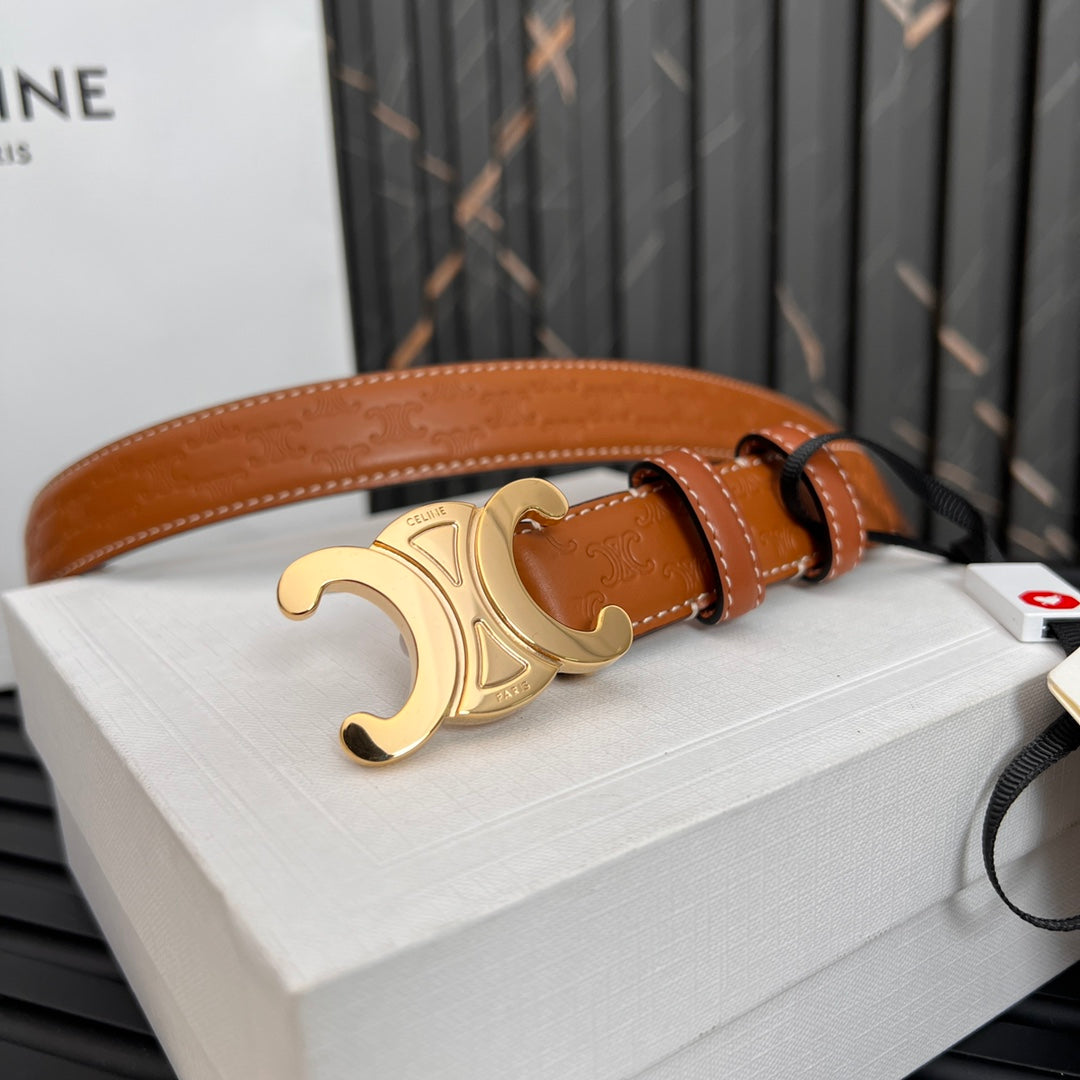 CL TRIOMPHE 25 MM BELT IN ORANGE CALFSKIN GOLD HARDWARE - 30