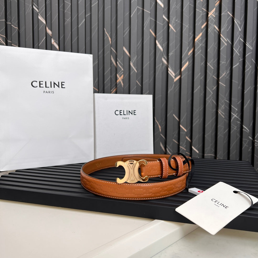 CL TRIOMPHE 25 MM BELT IN ORANGE CALFSKIN GOLD HARDWARE - 30