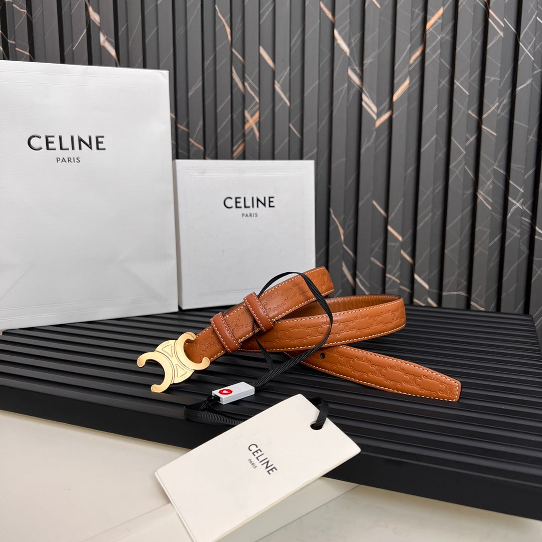 CL TRIOMPHE 25 MM BELT IN ORANGE CALFSKIN GOLD HARDWARE - 30