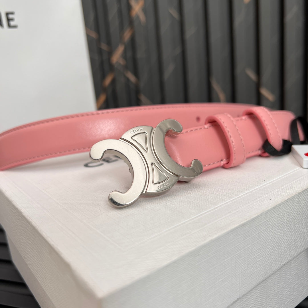 TRIOMPHE 25 MM BELT IN BLUSH PINK CALFSKIN SILVER HARDWARE - 30