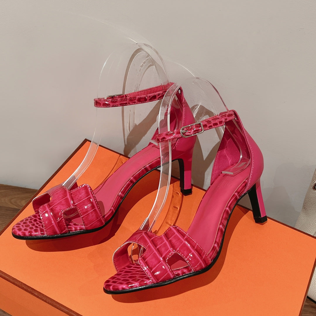PREMIERE 70 SANDAL IN WATERMELON PINK CROCODILE LEATHER - 35
