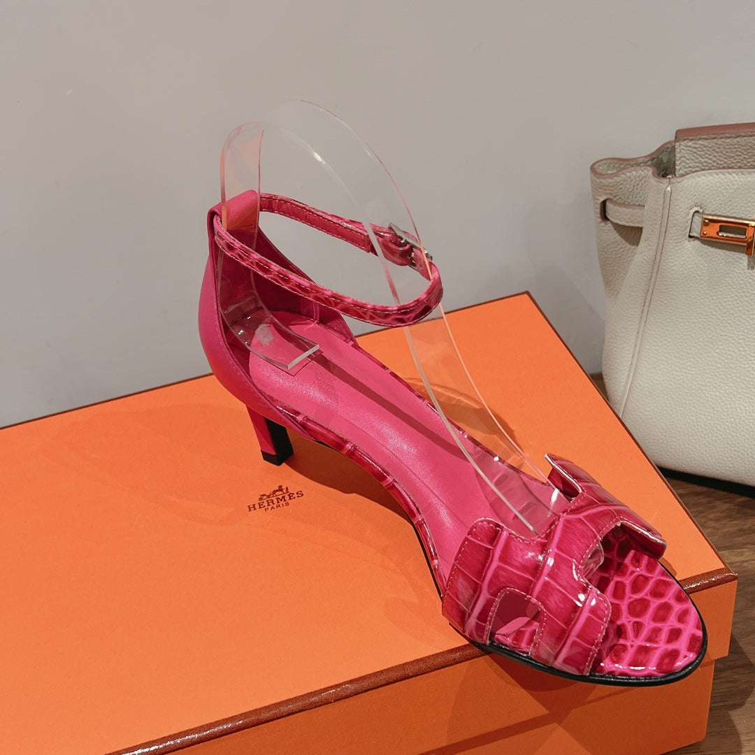 PREMIERE 70 SANDAL IN WATERMELON PINK CROCODILE LEATHER - 35