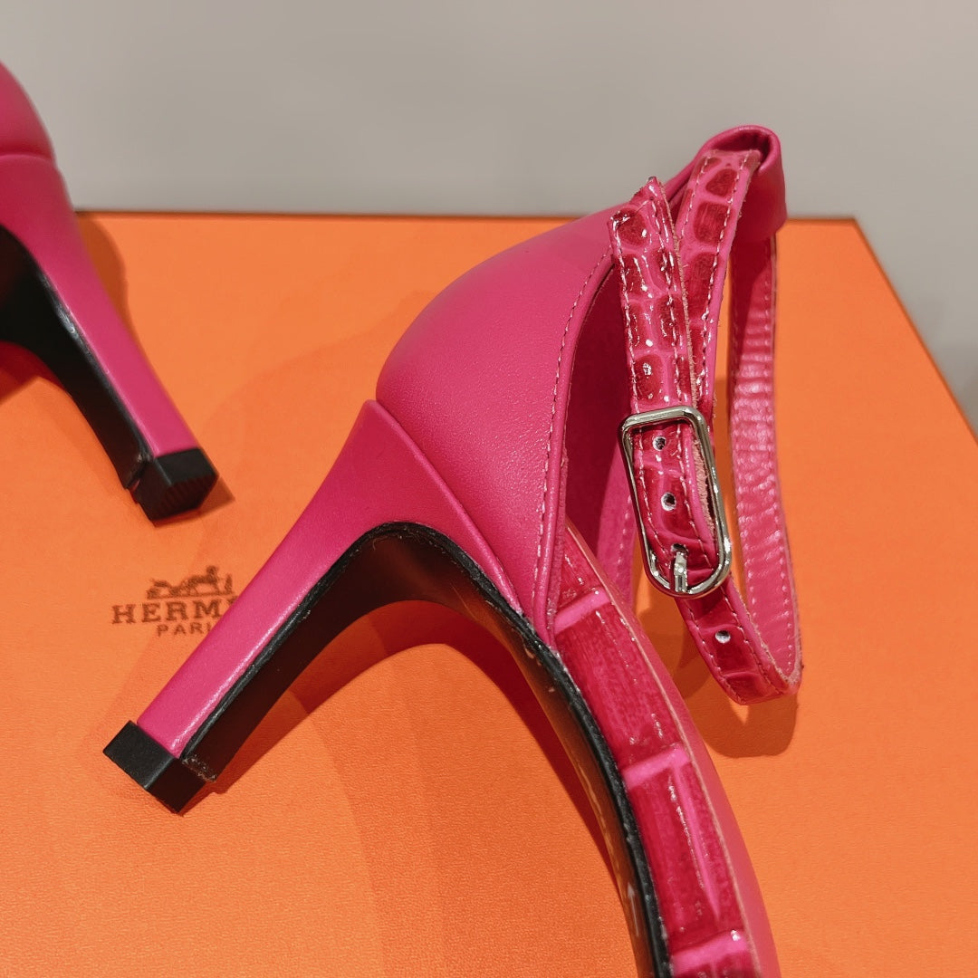 PREMIERE 70 SANDAL IN WATERMELON PINK CROCODILE LEATHER - 35