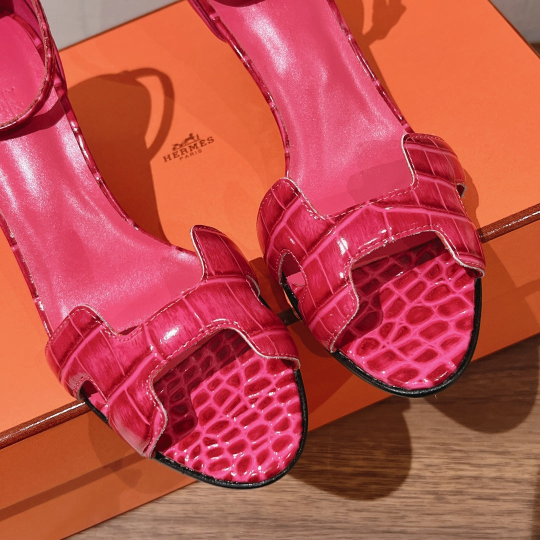 PREMIERE 70 SANDAL IN WATERMELON PINK CROCODILE LEATHER - 35